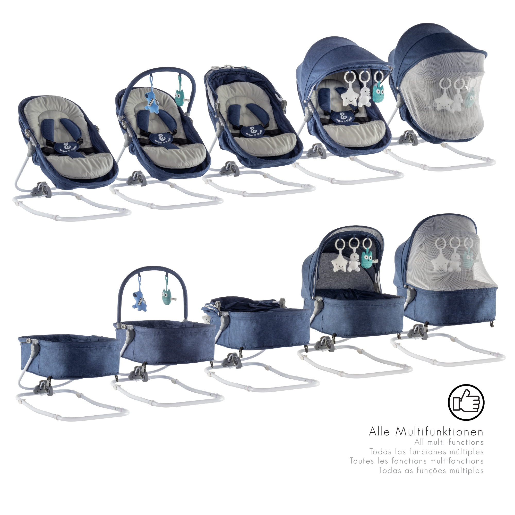 Babywippe PAVO mit Wiegenfunktion und Spielebogen Blau + Grau Babywippe PAVO mit Wiegenfunktion und Spielebogen Blau + Grau