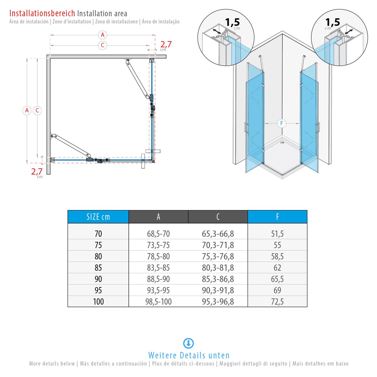 Eckeinstieg Celine mit Klapptüren und schwarzen Profilen aus ESG Sicherheitsglas