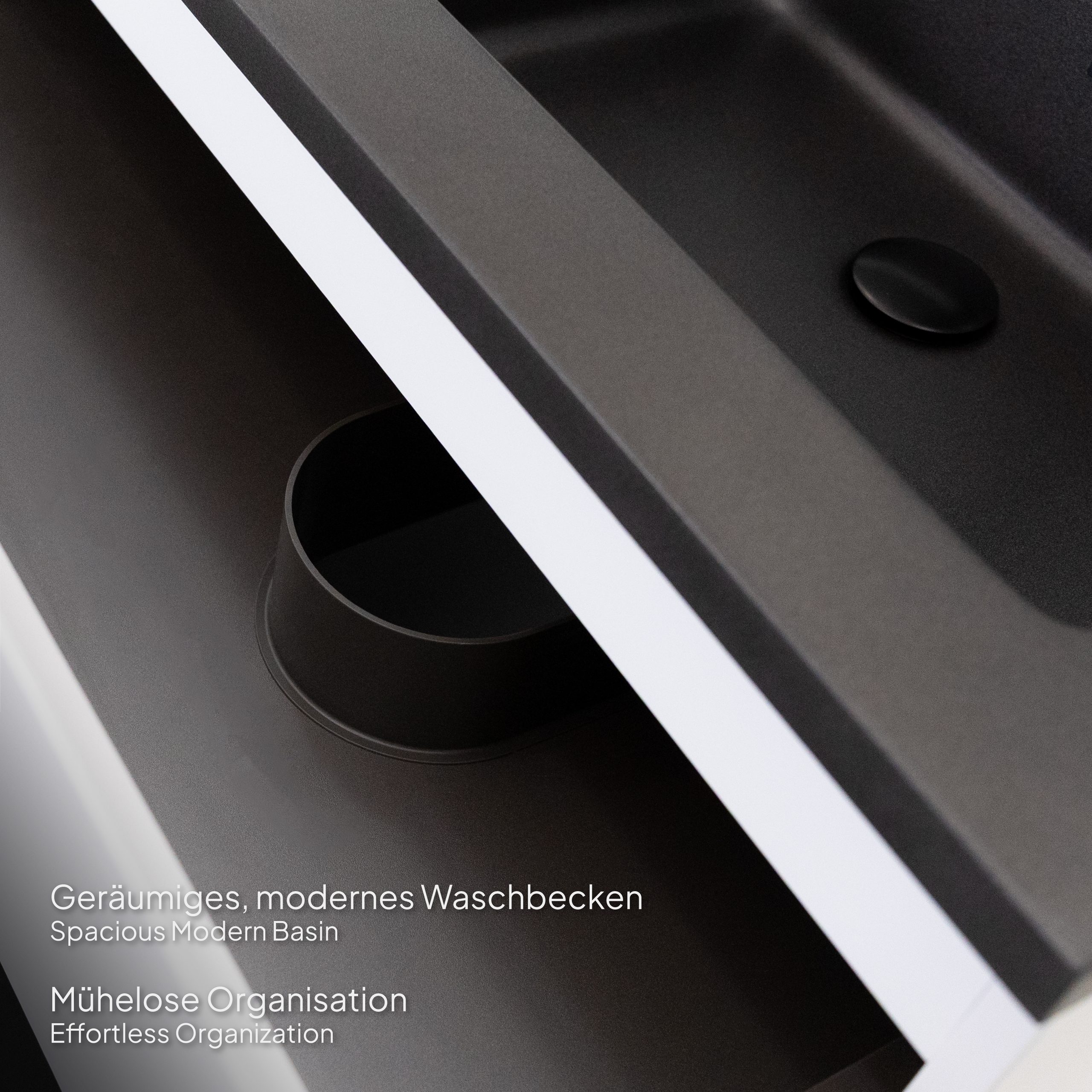 Badmöbel-Set Atena [120 cm] mit Mineralharz-Waschbecken in Hochglanz Schwarz, Unterschrank mit Spiegel und hängendem Hochschrank in Weiß