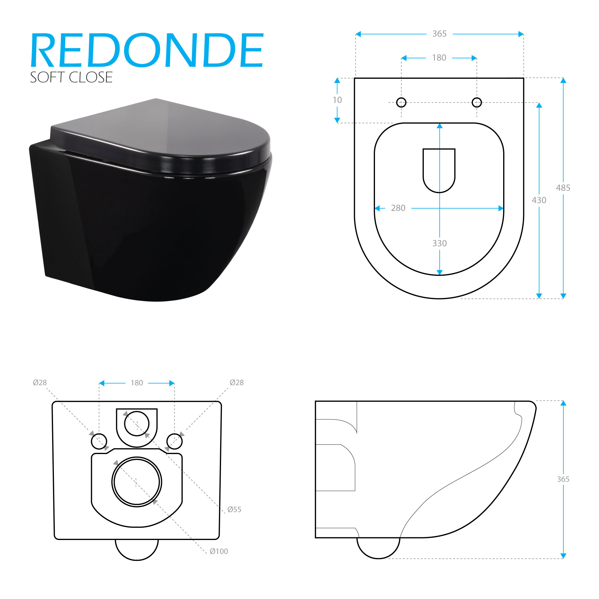 Toilette Hänge WC Spülrandlos inkl. WC Sitz mit Absenkautomatik SOFTCLOSE + abnehmbar Redonde in Schwarz