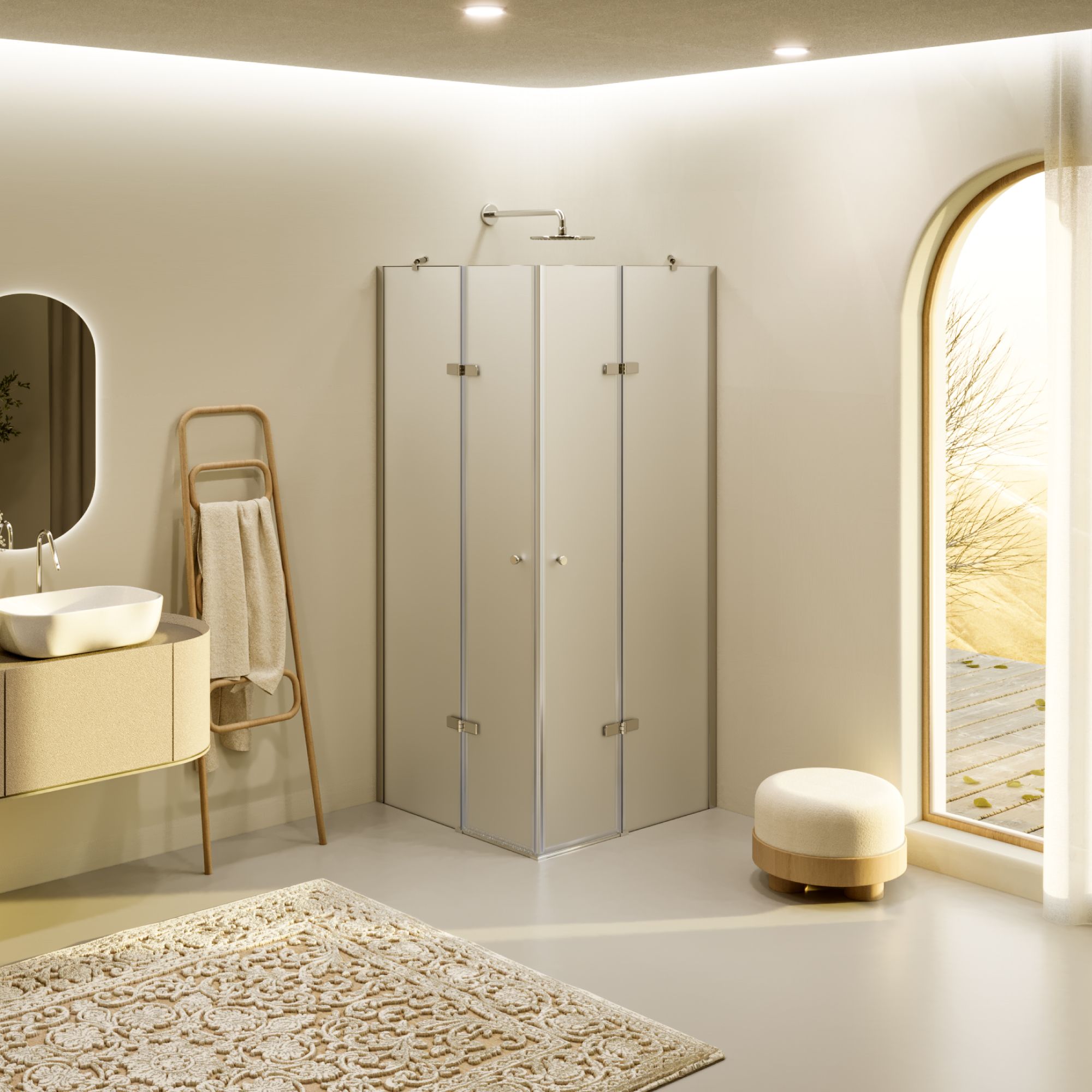 Corner Entry Alice with Folding Doors Made of Satinated ESG Safety Glass Corner Entry Alice with Folding Doors Made of Satinated ESG Safety Glass