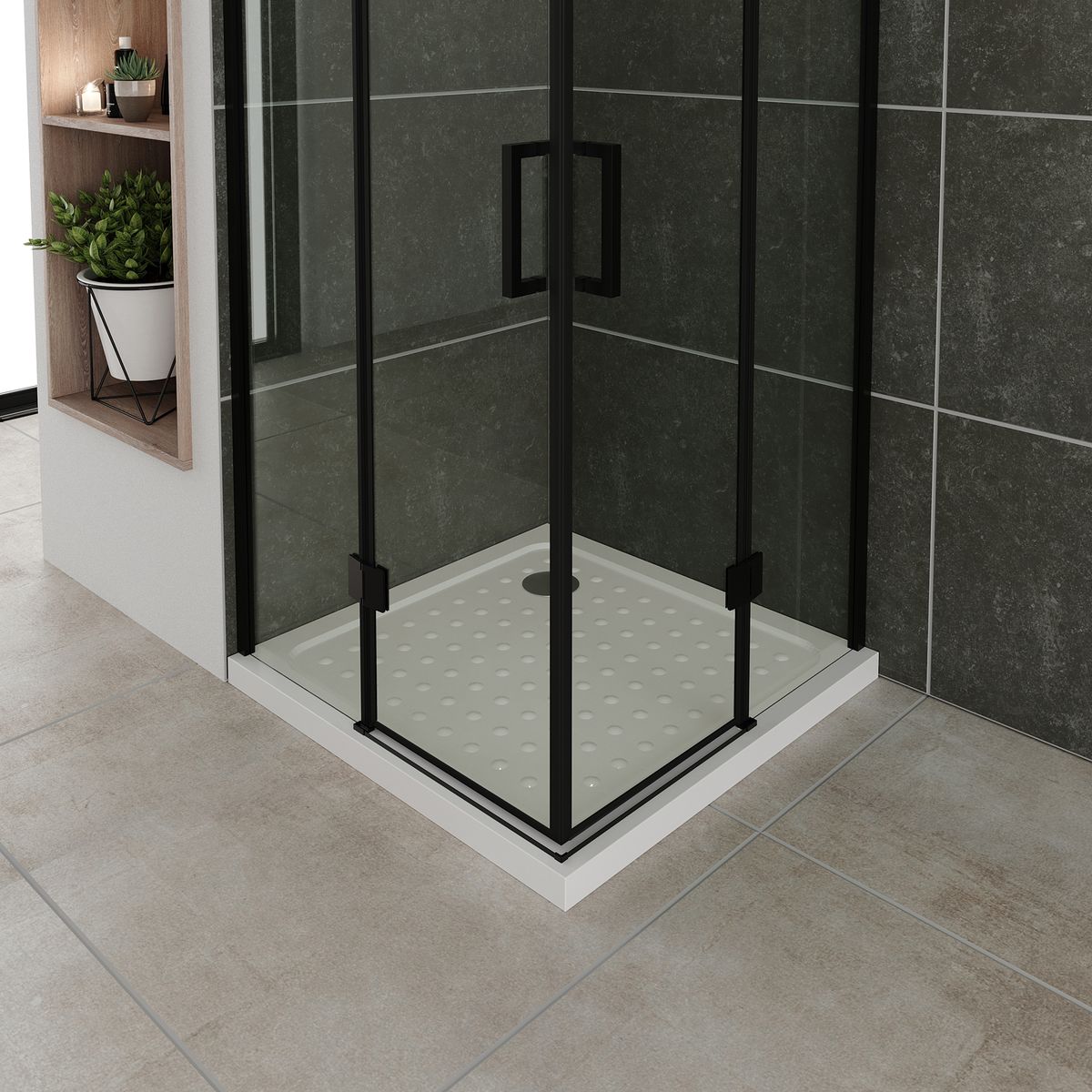 Eckeinstieg Celine mit Klapptüren und schwarzen Profilen aus ESG Sicherheitsglas