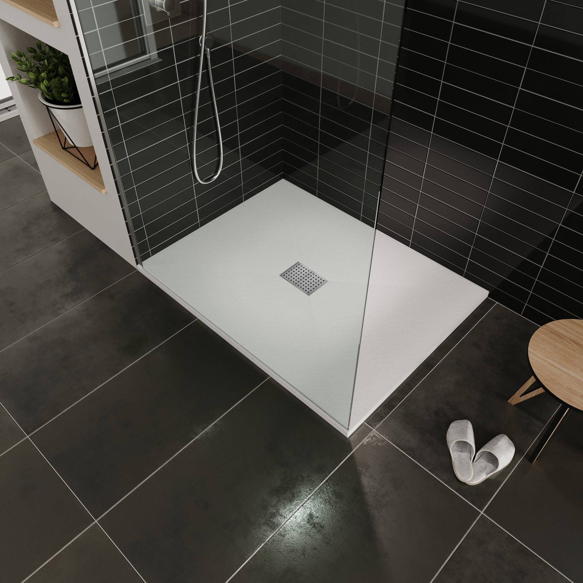 Tray – SMC Shower Boreal in Stone Look with Drain Assembly - Grey