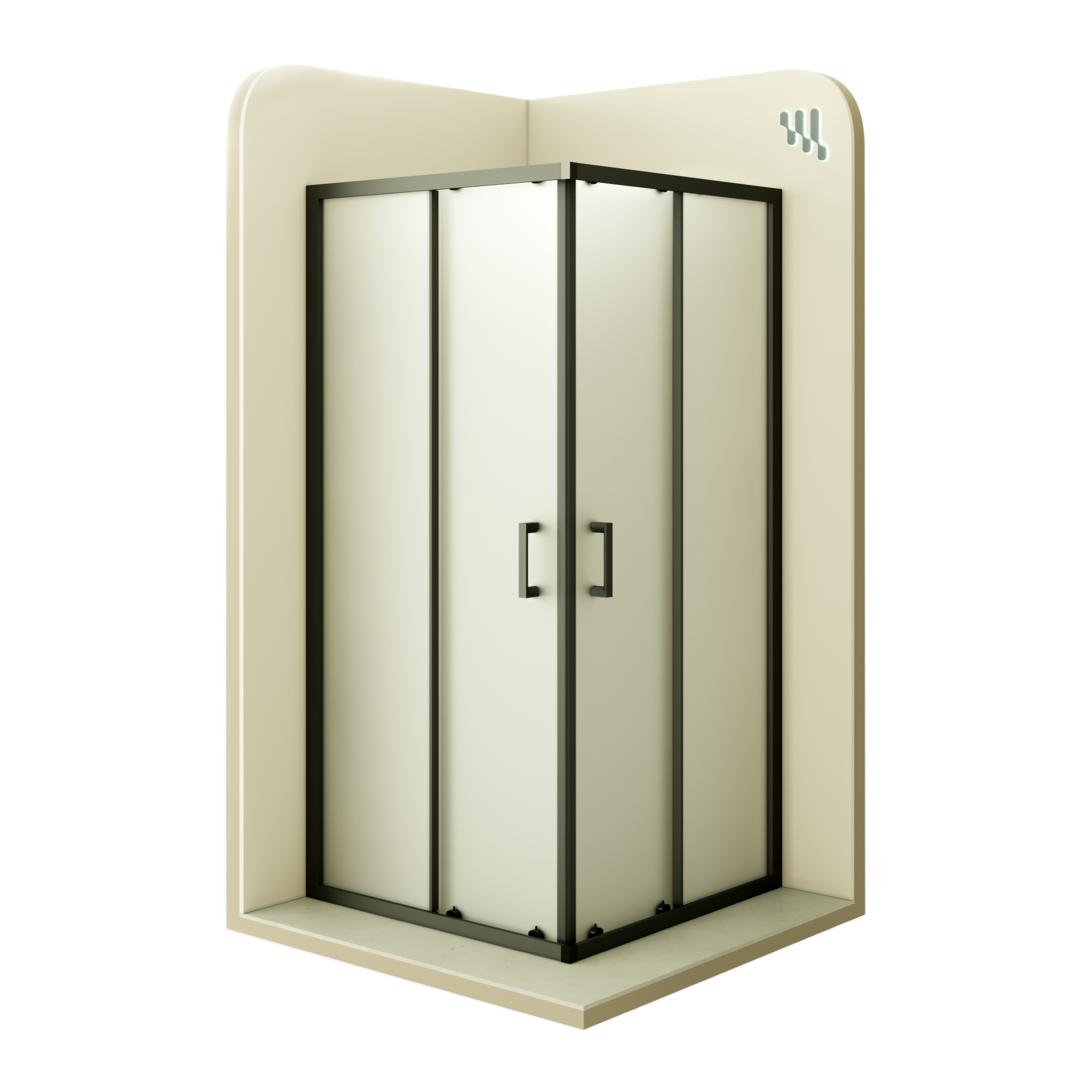 Eckeinstieg Danielle mit Schiebetüren aus satiniertem ESG Sicherheitsglas Danielle – Corner entry with sliding doors made of satin-finished ESG safety glass.