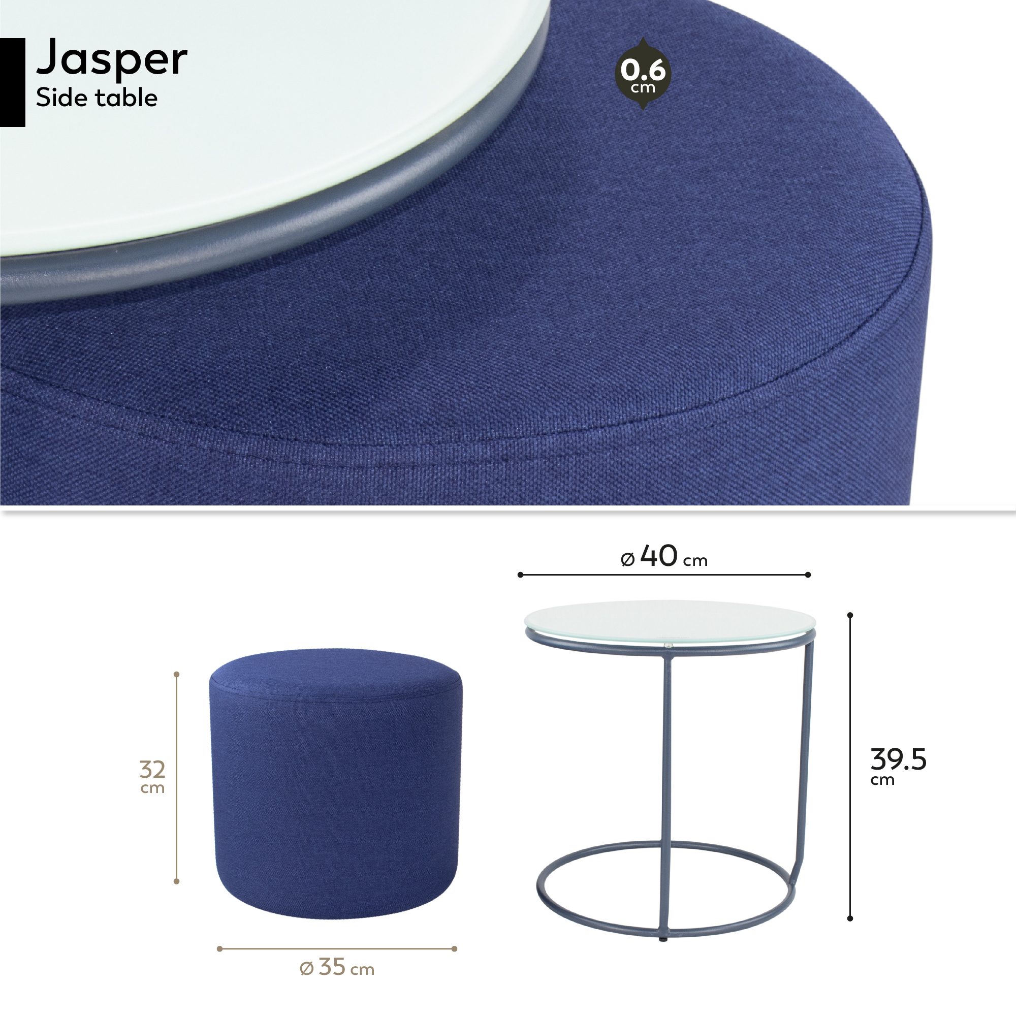 Side Table with Stool JASPER - Round Coffee Table 40x40 cm Gray-Navy N4