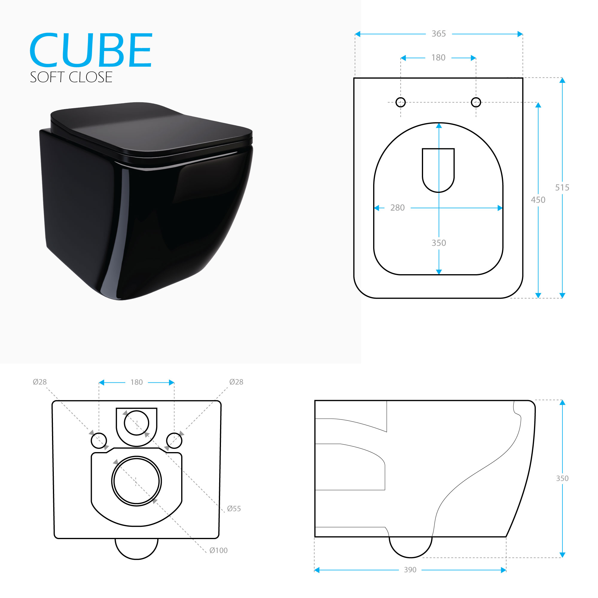 Toilette Hänge WC Spülrandlos inkl. WC Sitz mit Absenkautomatik SOFTCLOSE + abnehmbar Cube Schwarz