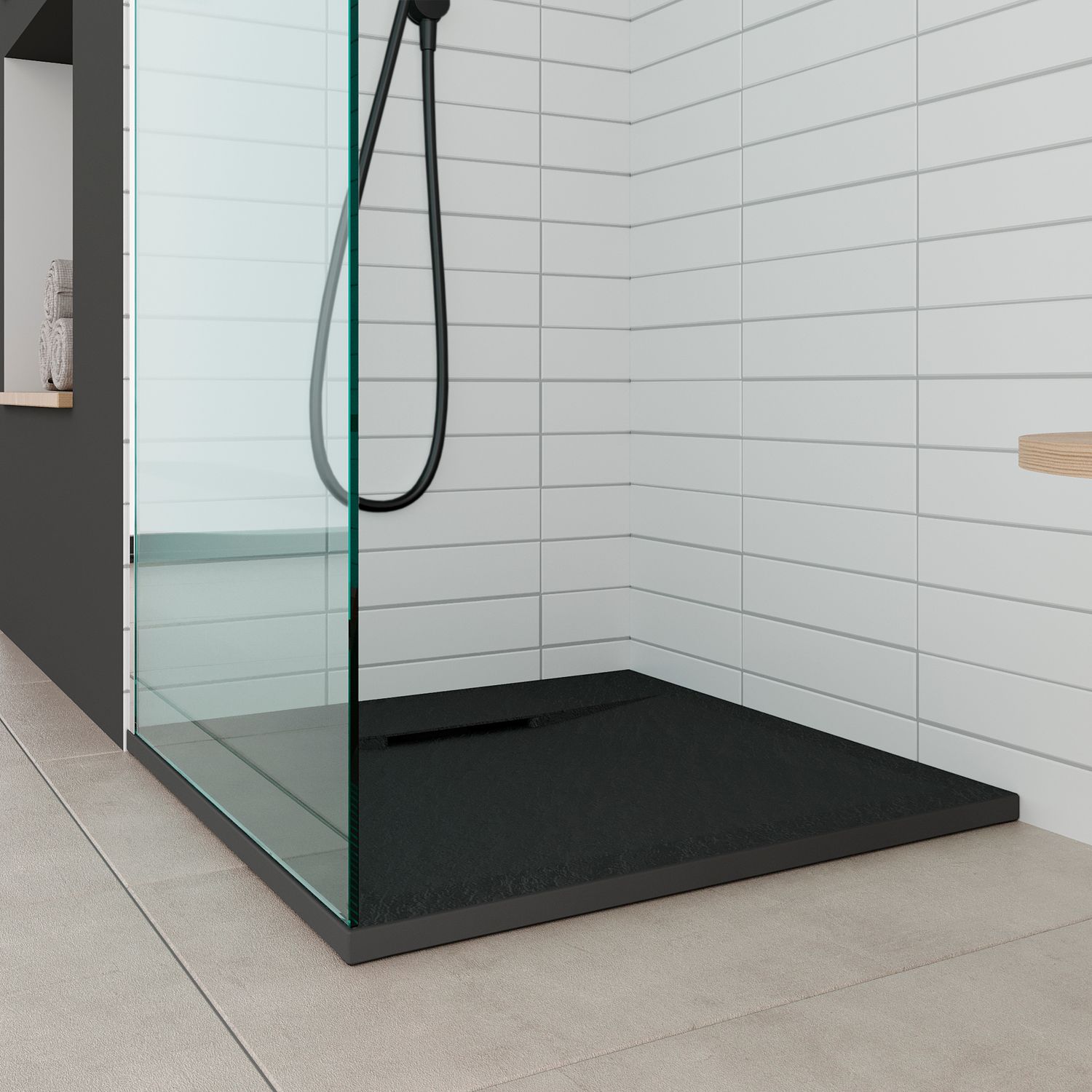 SMC Duschwanne Polar 90x90 cm, Duschtasse in Steinoptik inkl. Ablaufgarnitur - Schwarz