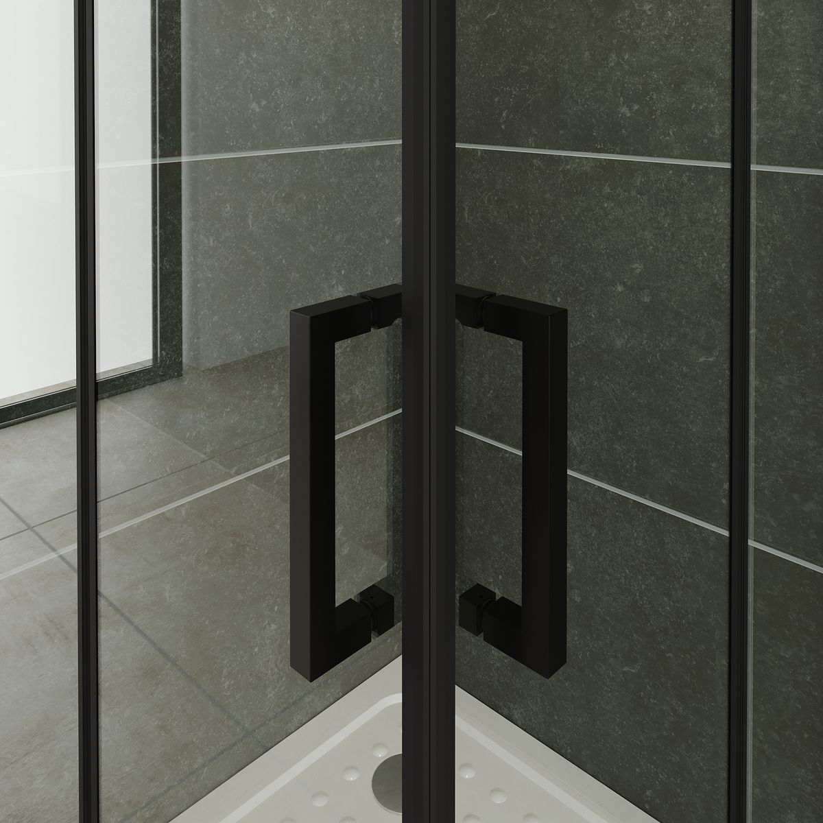 Eckeinstieg Celine mit Klapptüren und schwarzen Profilen aus ESG Sicherheitsglas