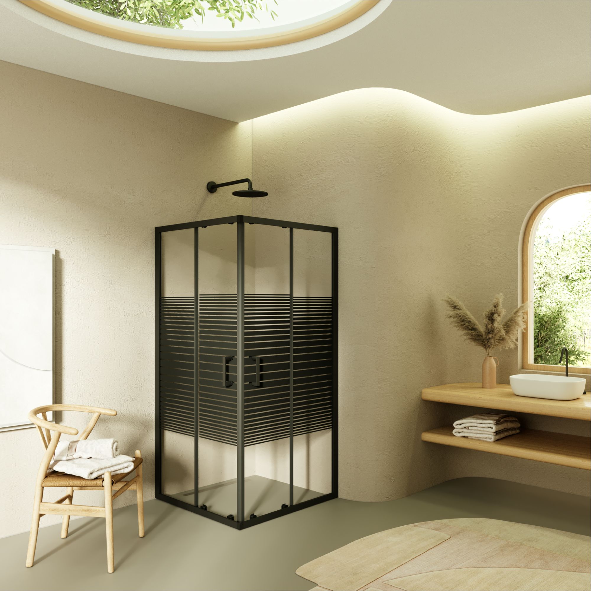 Eckeinstieg Danielle mit Schiebetüren aus schwarz gestreiftem ESG Sicherheitsglas Danielle – Corner entry with sliding doors made of black striped ESG safety glass.