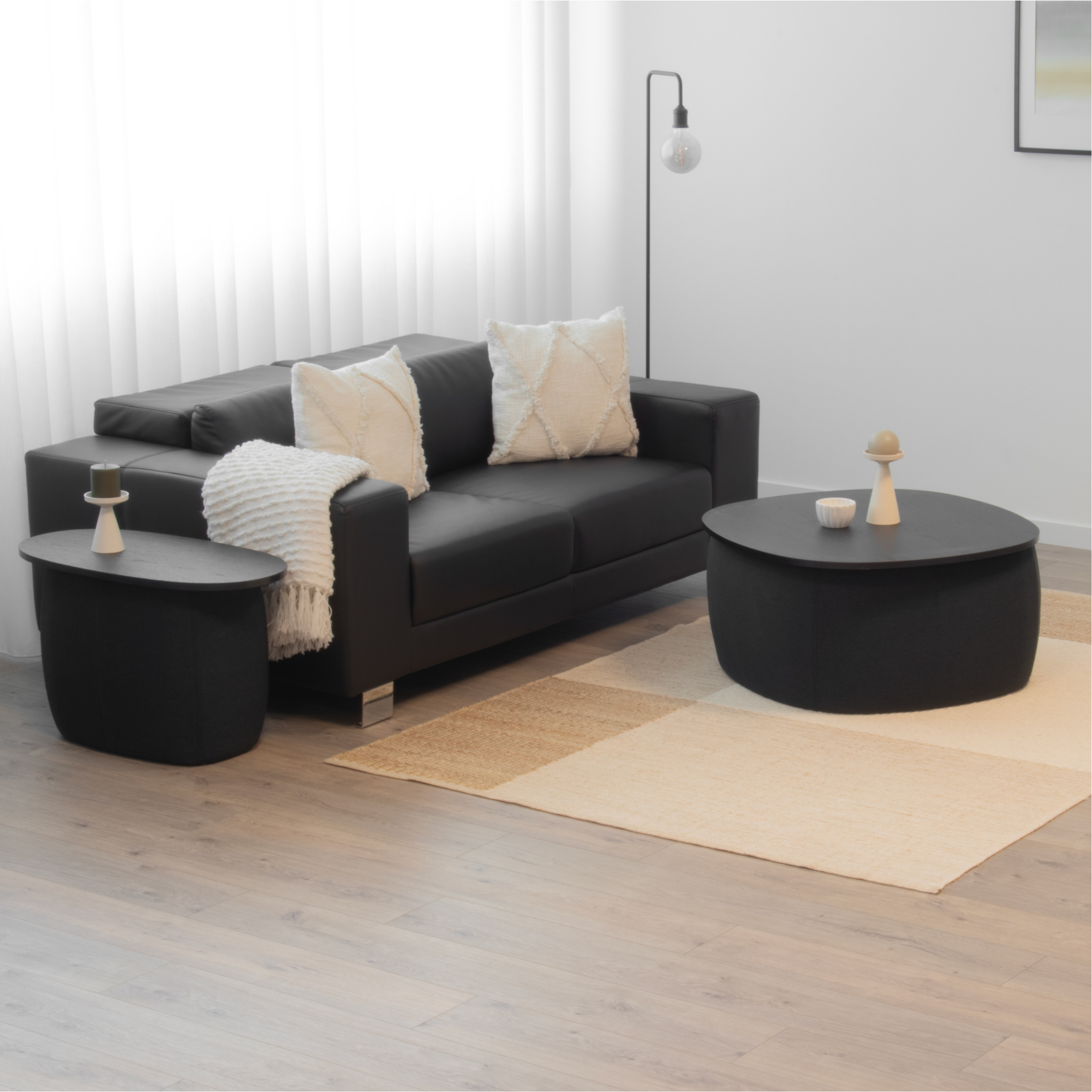 _PT01.jpg Nisami – 2er-Set Couchtische – flexibel kombinierbare Satztische mit schwarzem Stoffbezug und Holzdekor in Schwarz
