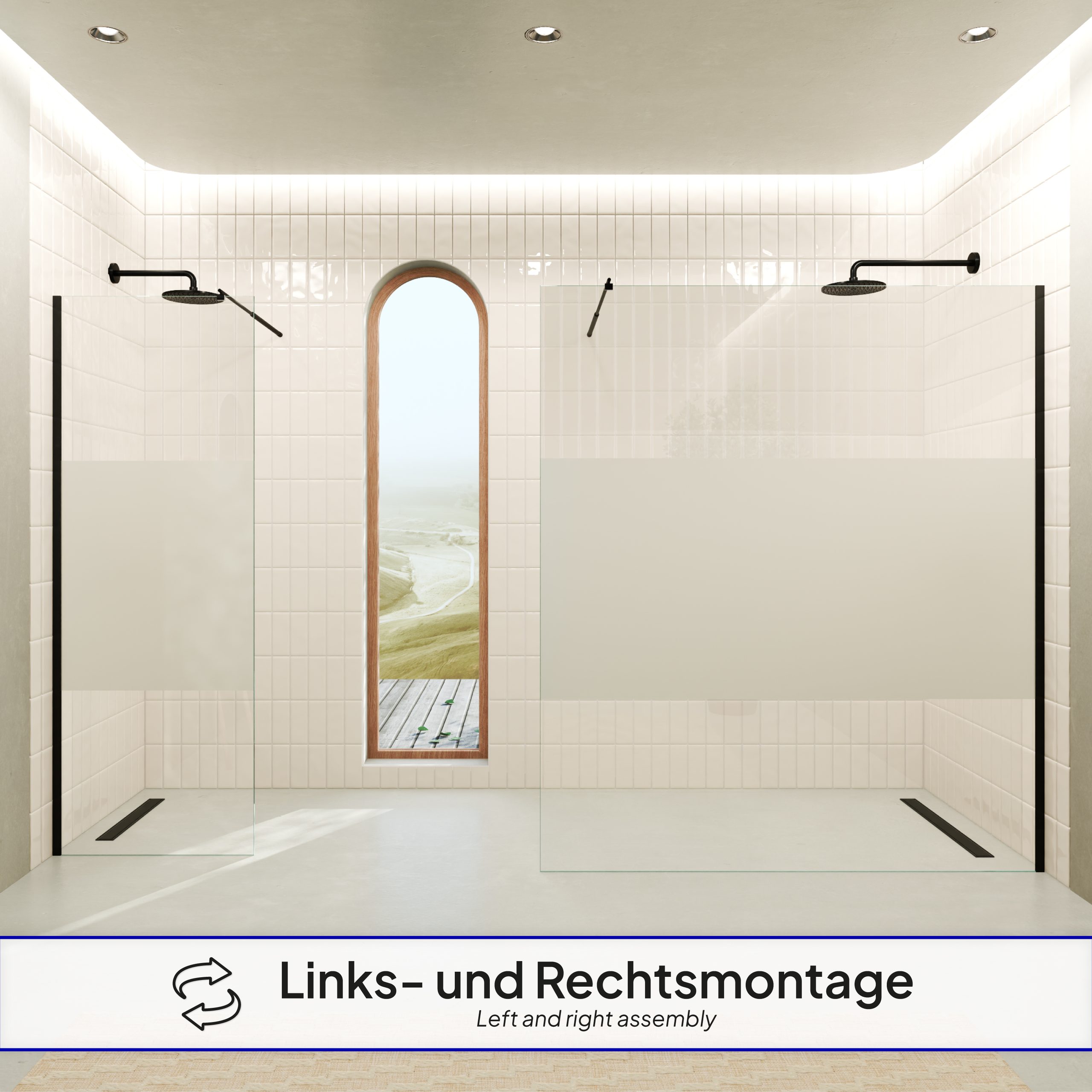FIONA – Walk In Dusche BLACK aus 10 mm teilsatiniertem ESG Sicherheitsglas