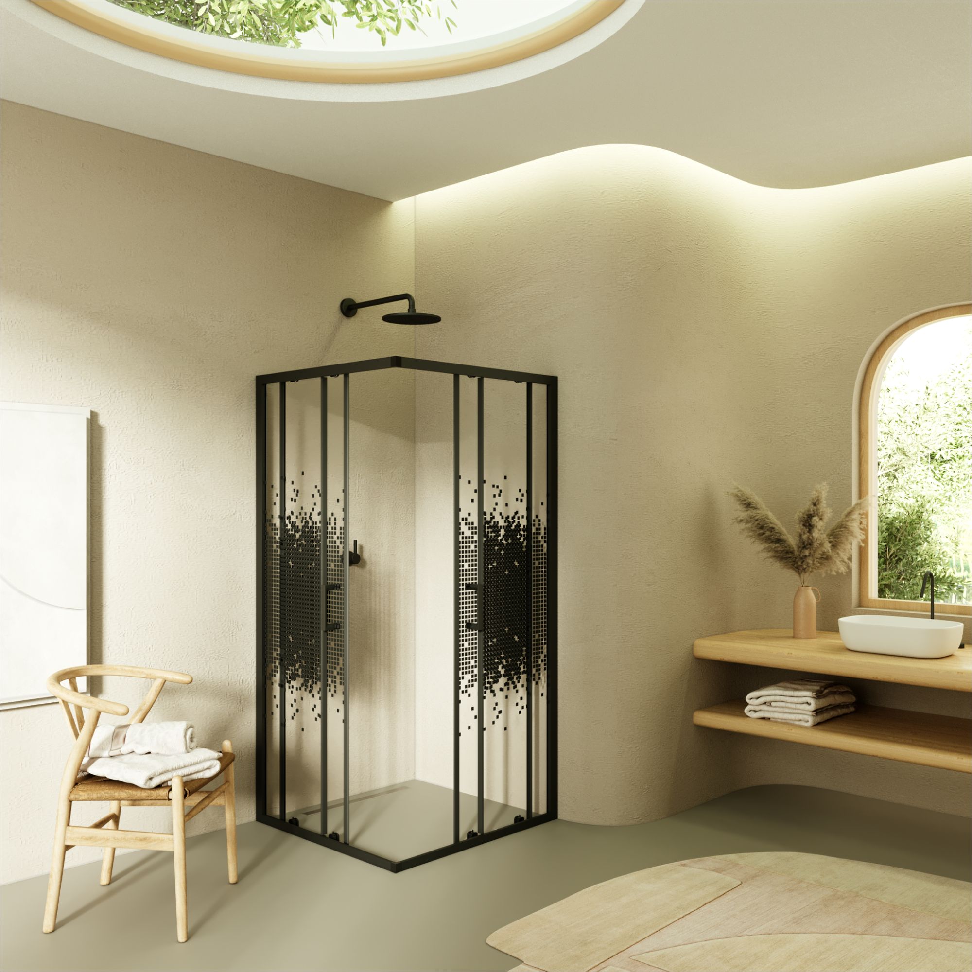 Eckeinstieg Danielle mit Schiebetüren aus schwarz kariertem ESG Sicherheitsglas Eckeinstieg Danielle mit Schiebetüren aus schwarz kariertem ESG Sicherheitsglas