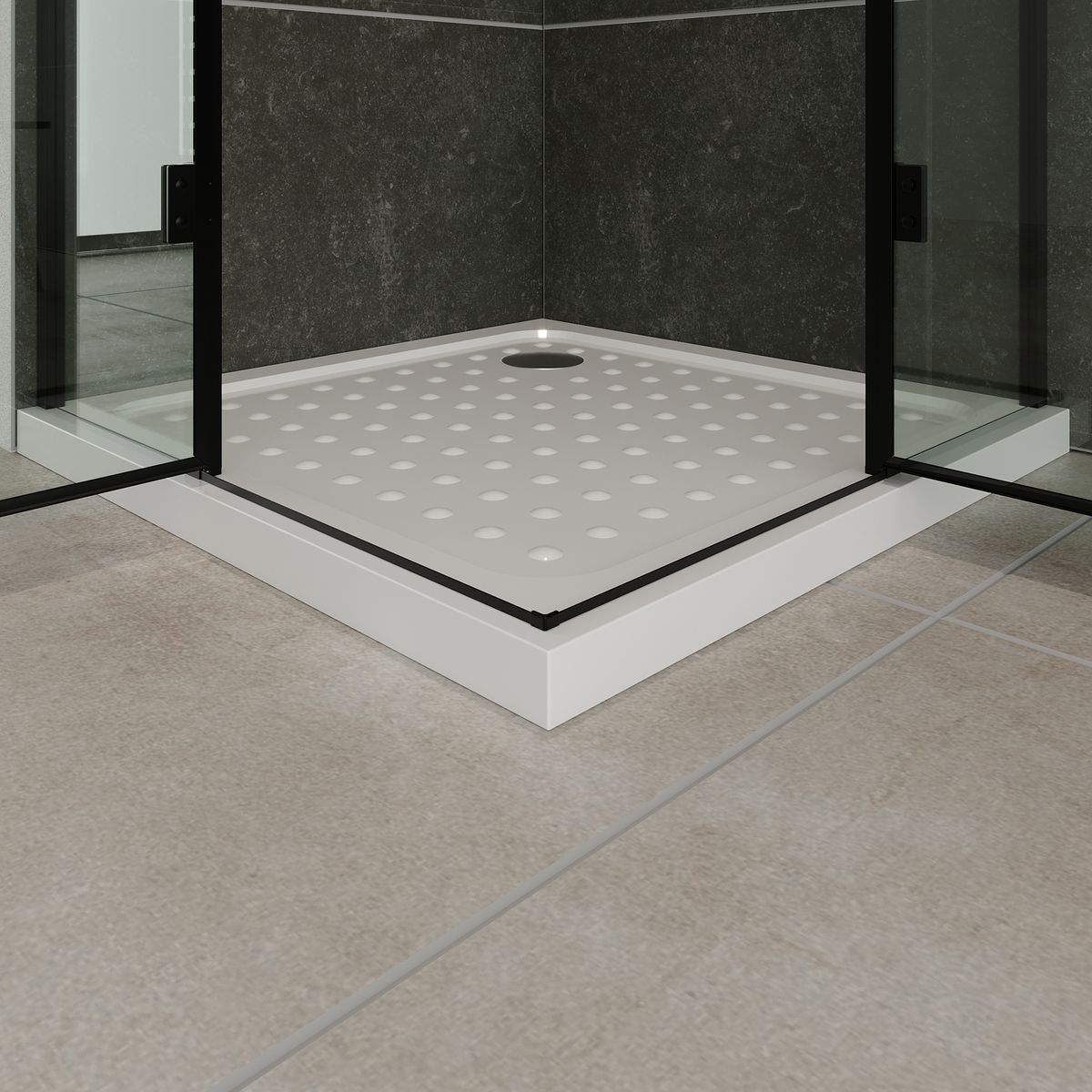 Eckeinstieg Celine mit Klapptüren und schwarzen Profilen aus ESG Sicherheitsglas