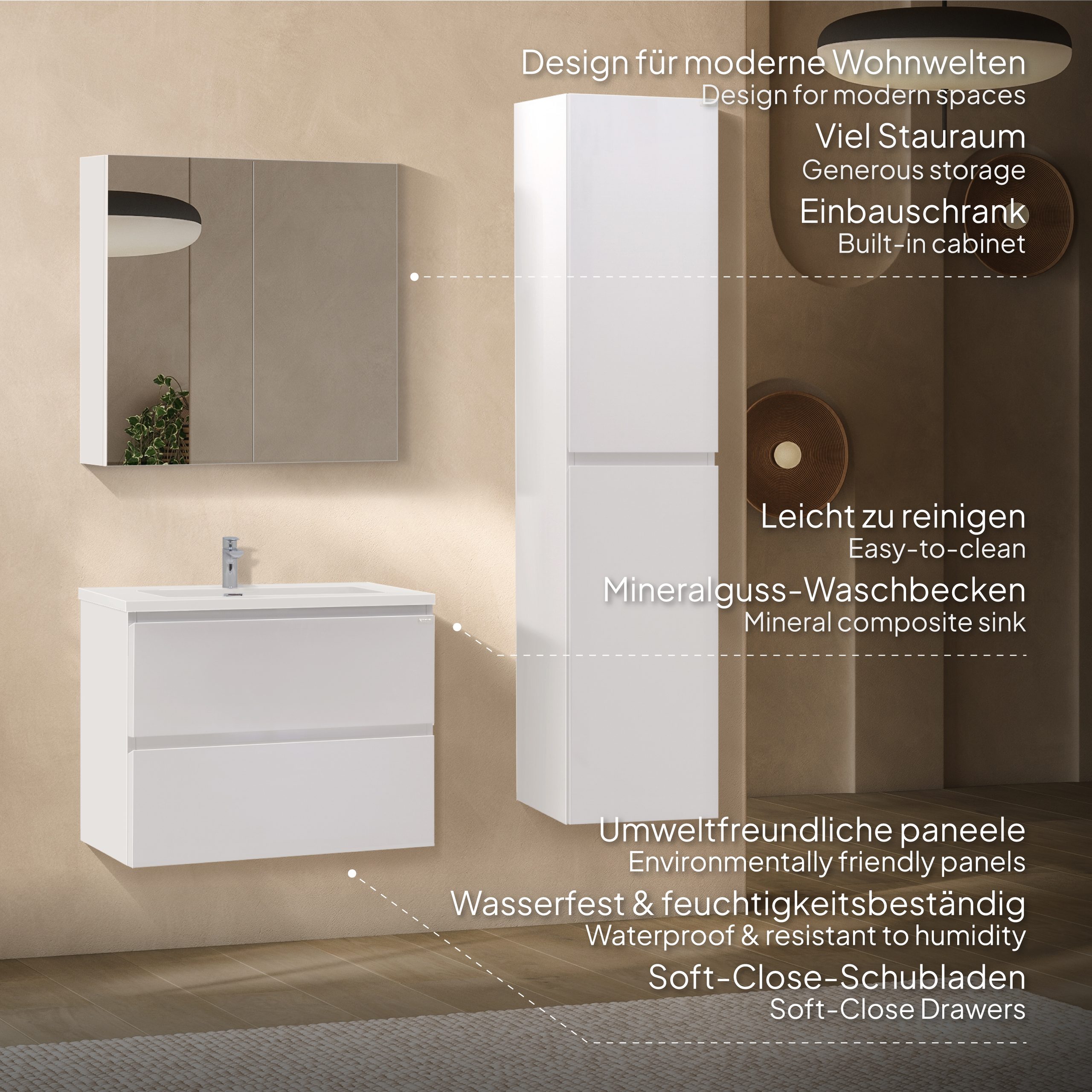 Badmöbel-Set Atena [60/80/100 cm] mit Mineralharz-Waschbecken in Hochglanz Weiß, Unterschrank mit Spiegel und hängendem Hochschrank zur Aufbewahrung 80 cm