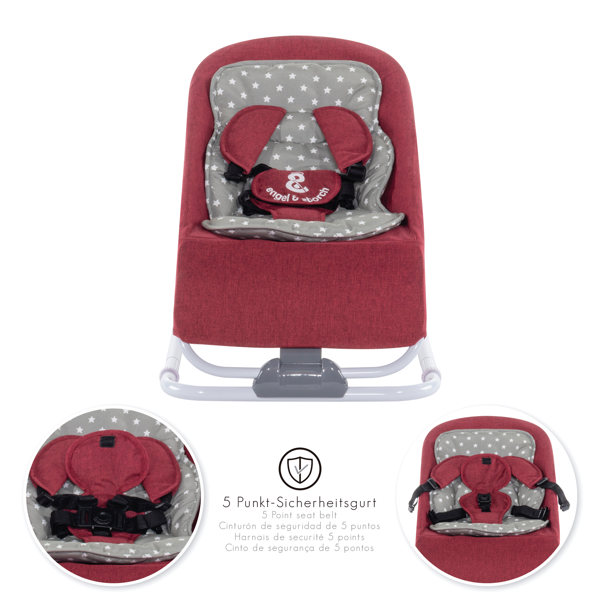 Babywippe VIENO mit abnehmbarem Bezug und Spielebogen Rot + Grau weiße Sterne