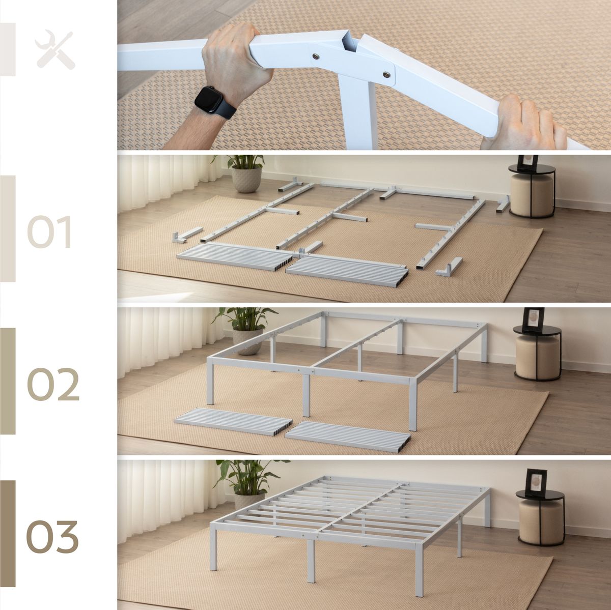 140x190cm Bettgestell – Gästebett Metallbett Sappho White mit Stauraum