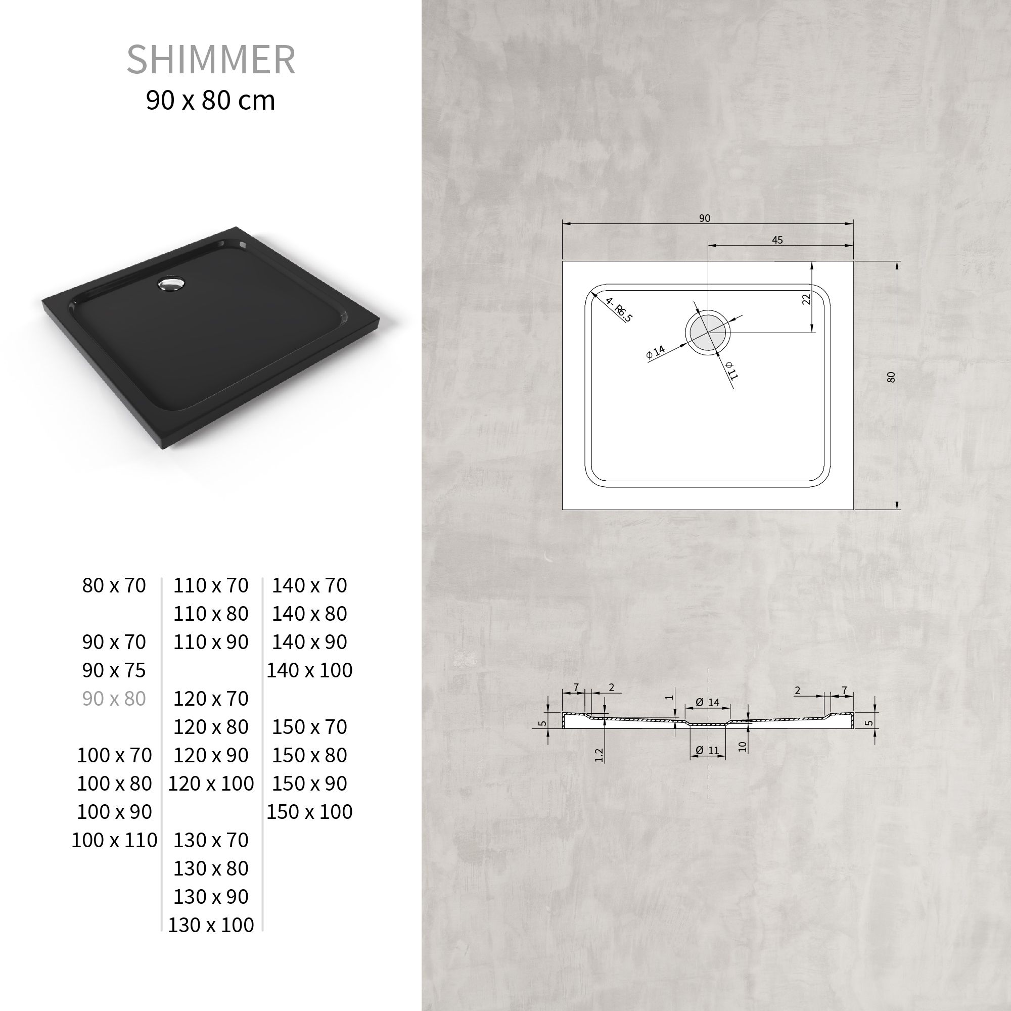 Shimmer-Wide-90x80-100.jpg Duschwanne Shimmer aus Sanitäracryl inkl. Ablaufgarnitur - Schwarz