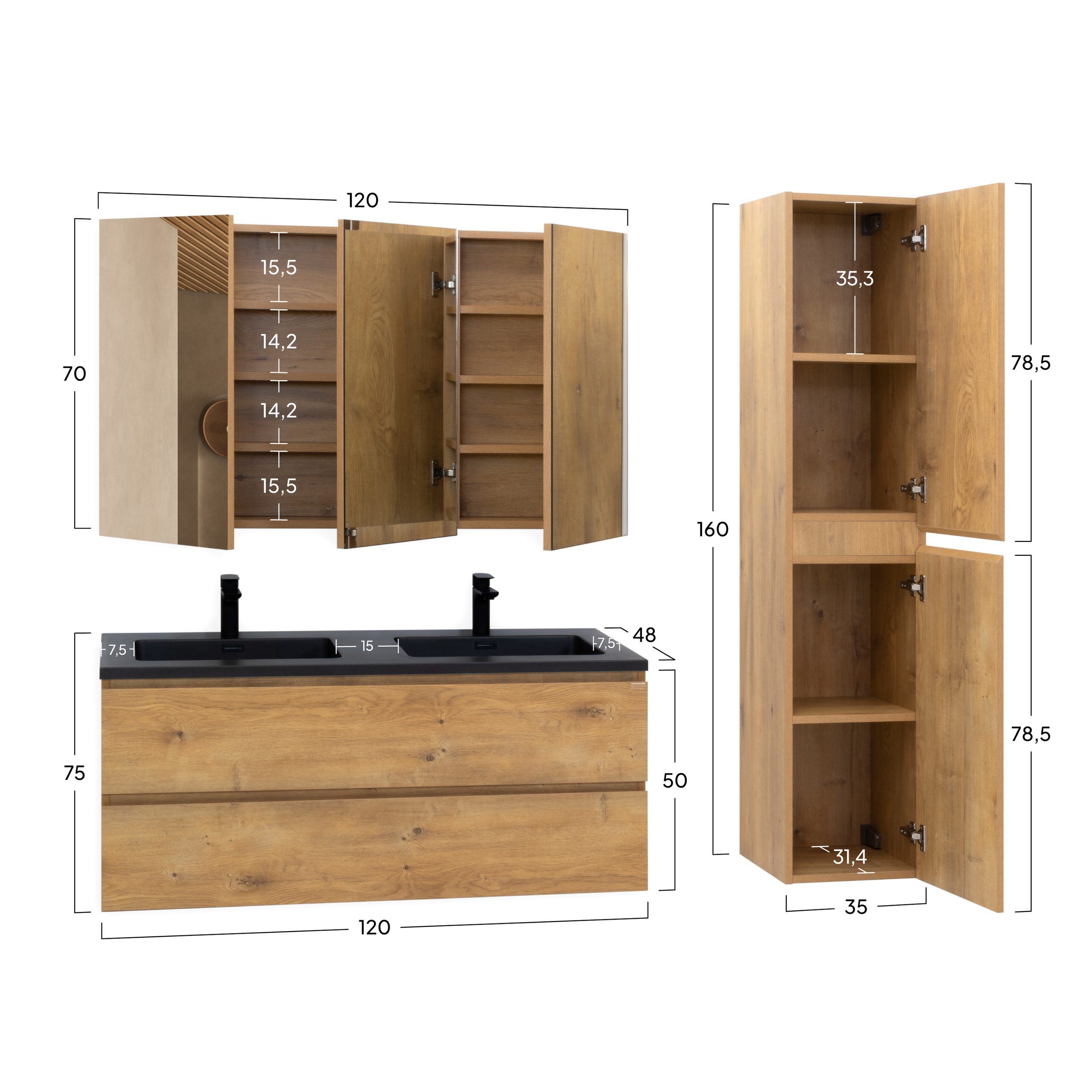Badmöbel-Set Atena [120 cm] mit Mineralharz-Waschbecken in Hochglanz Schwarz, Unterschrank mit Spiegel und hängendem Hochschrank in Eiche
