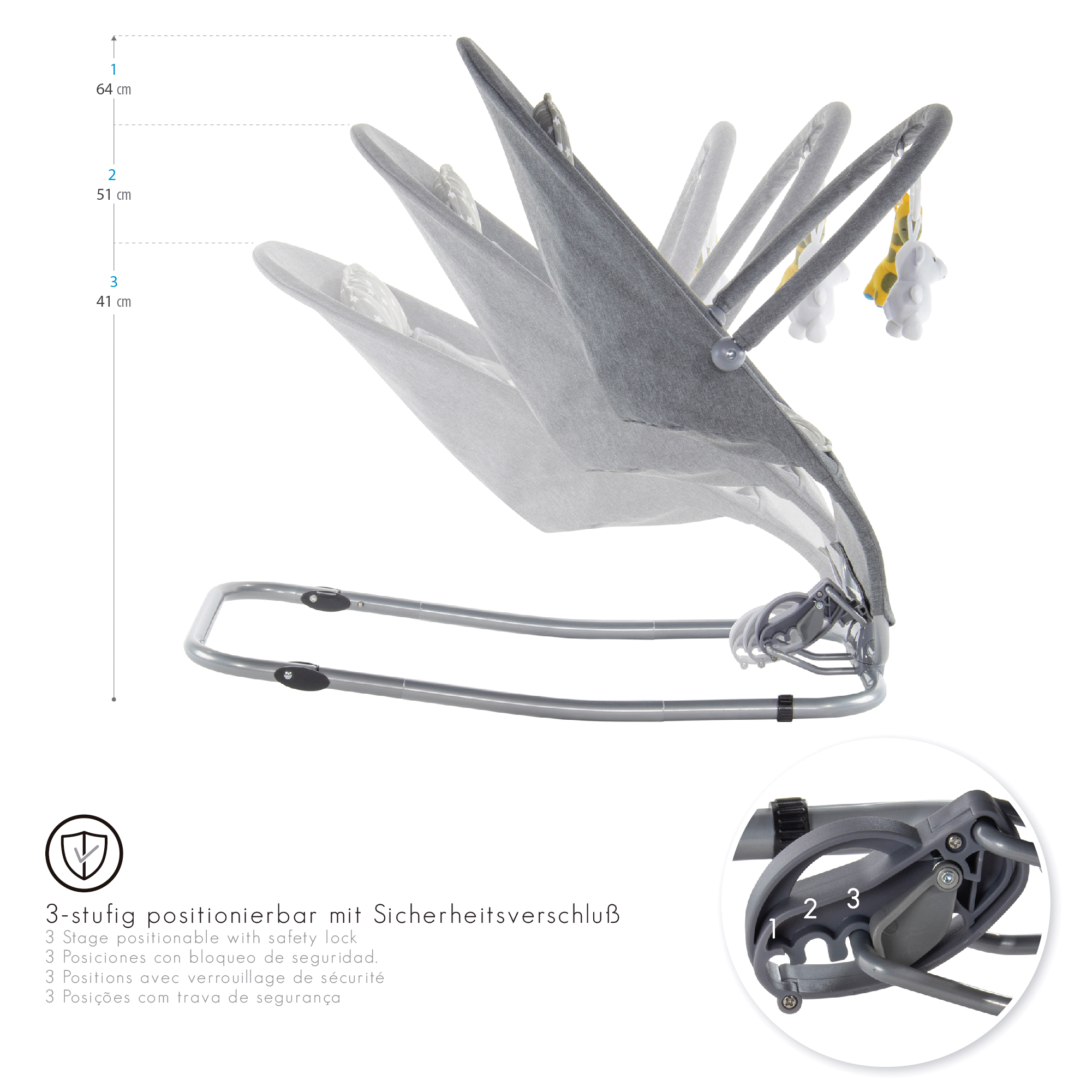 Babywippe VIENO mit abnehmbarem Bezug und Spielebogen Grau + Grau weiße Sterne Babywippe VIENO mit abnehmbarem Bezug und Spielebogen Grau + Grau weiße Sterne