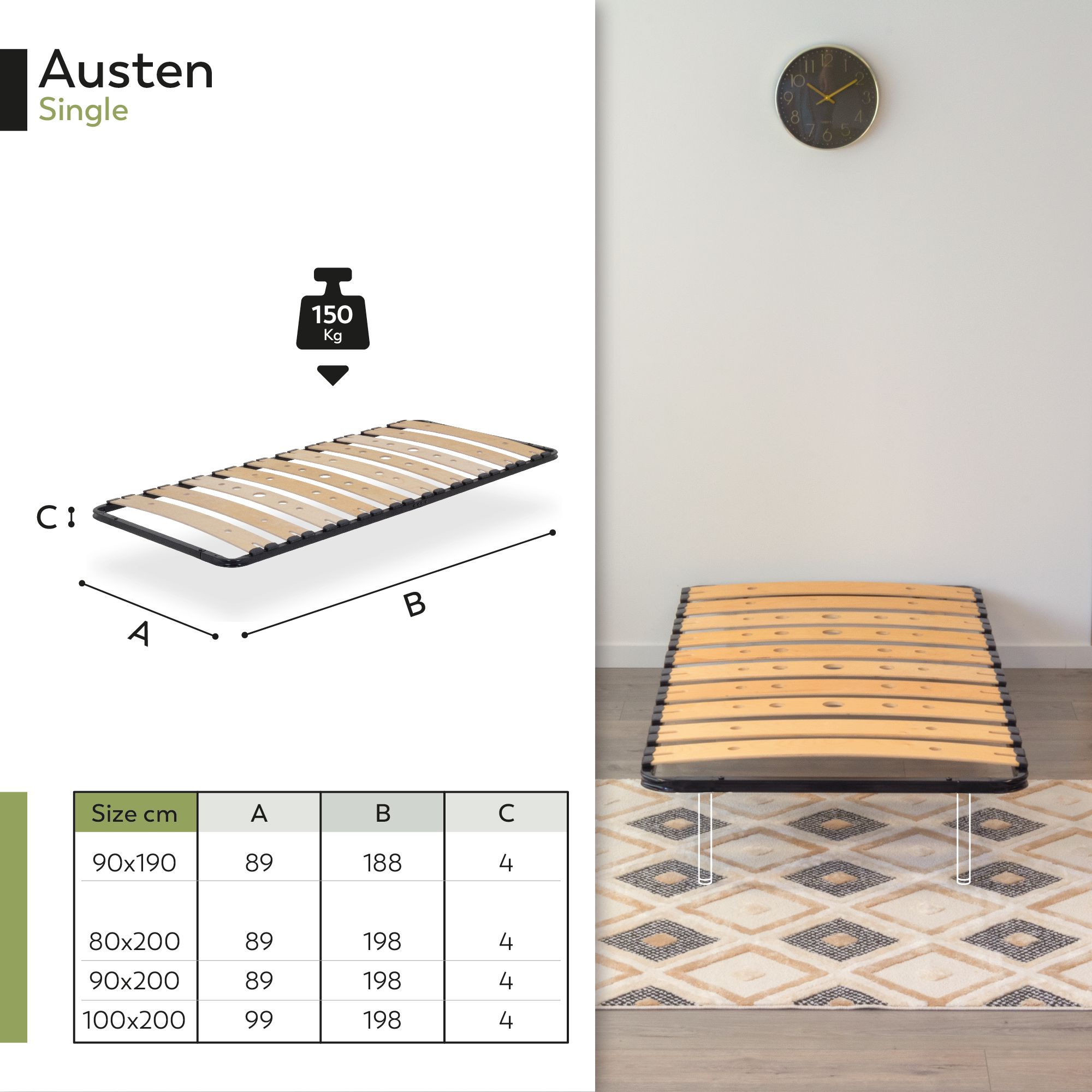 Lattenrost AUSTEN mit Holzlamellen – Stabiler Metallrahmen in Schwarz 90x200