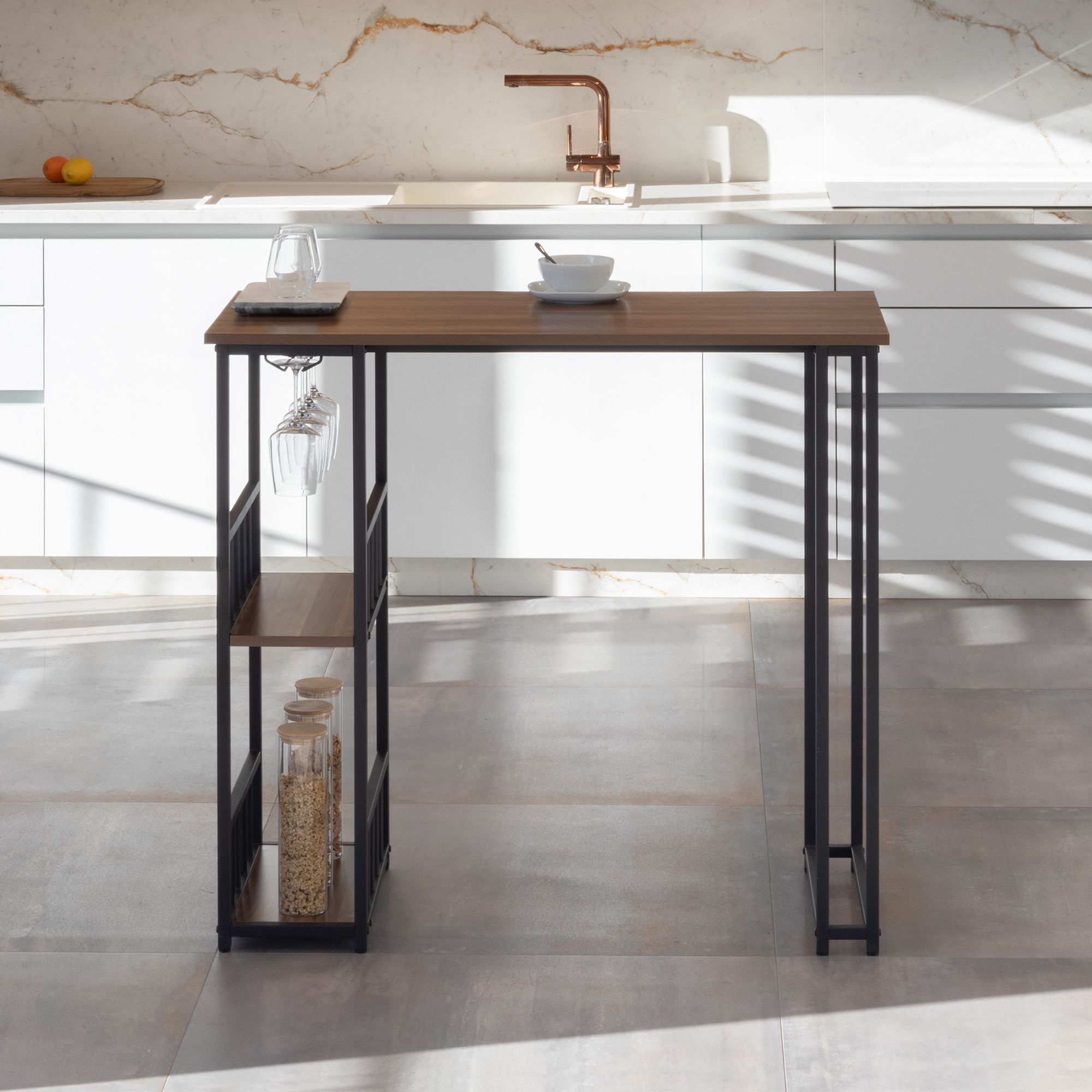 i-flair Stehtisch Bartisch Gavin – Stehtisch mit Stahlrahmen und 2 Ablageflächen & Glashalter Walnuß Bar – i-flair Standing Table Table Gavin – Standing Table with Steel Frame and 2 Shelves & Glass Holder in Walnut Finish