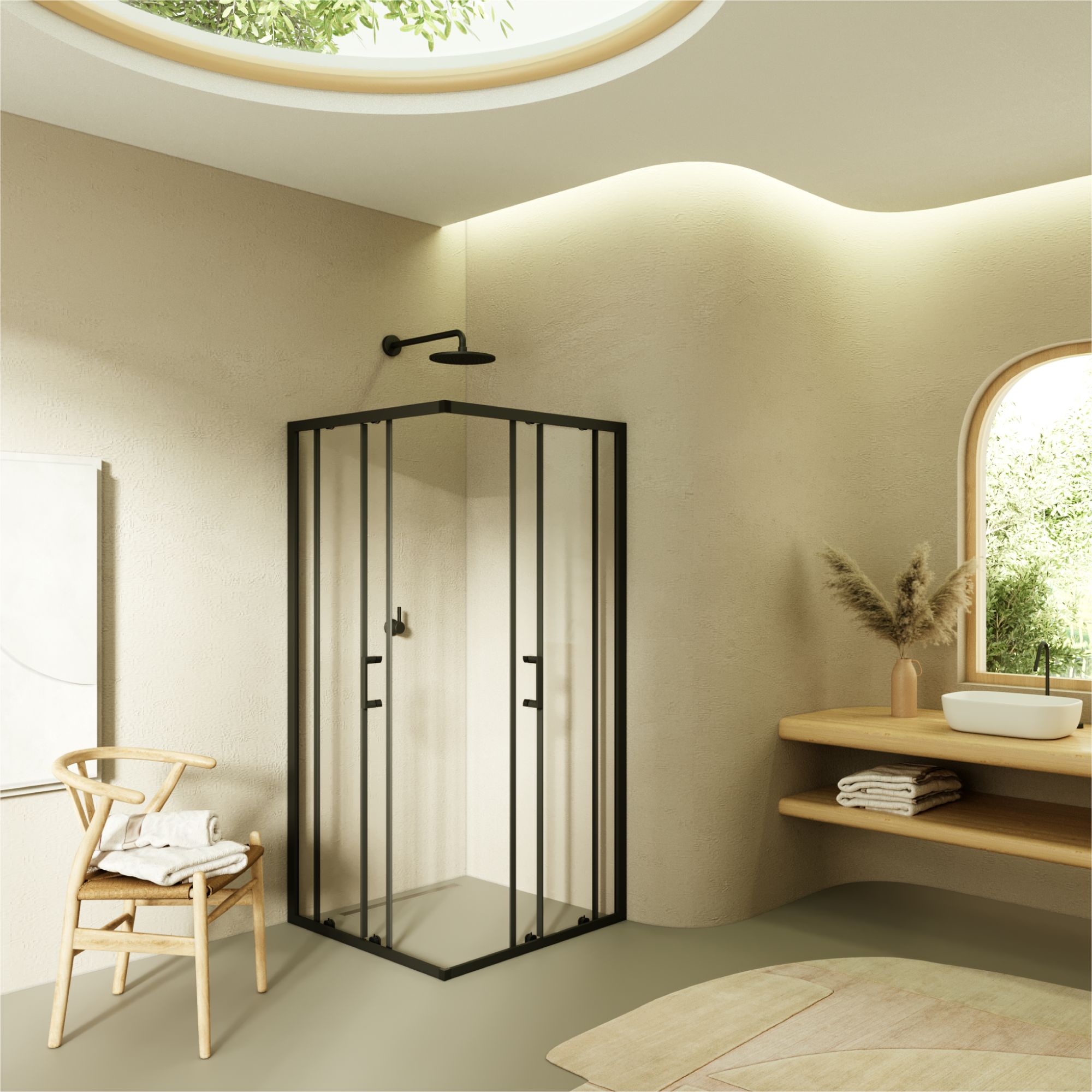 Corner entry Danielle with sliding doors and black profiles made of ESG safety glass. Danielle – Corner entry with sliding doors and black profiles made of ESG safety glass.