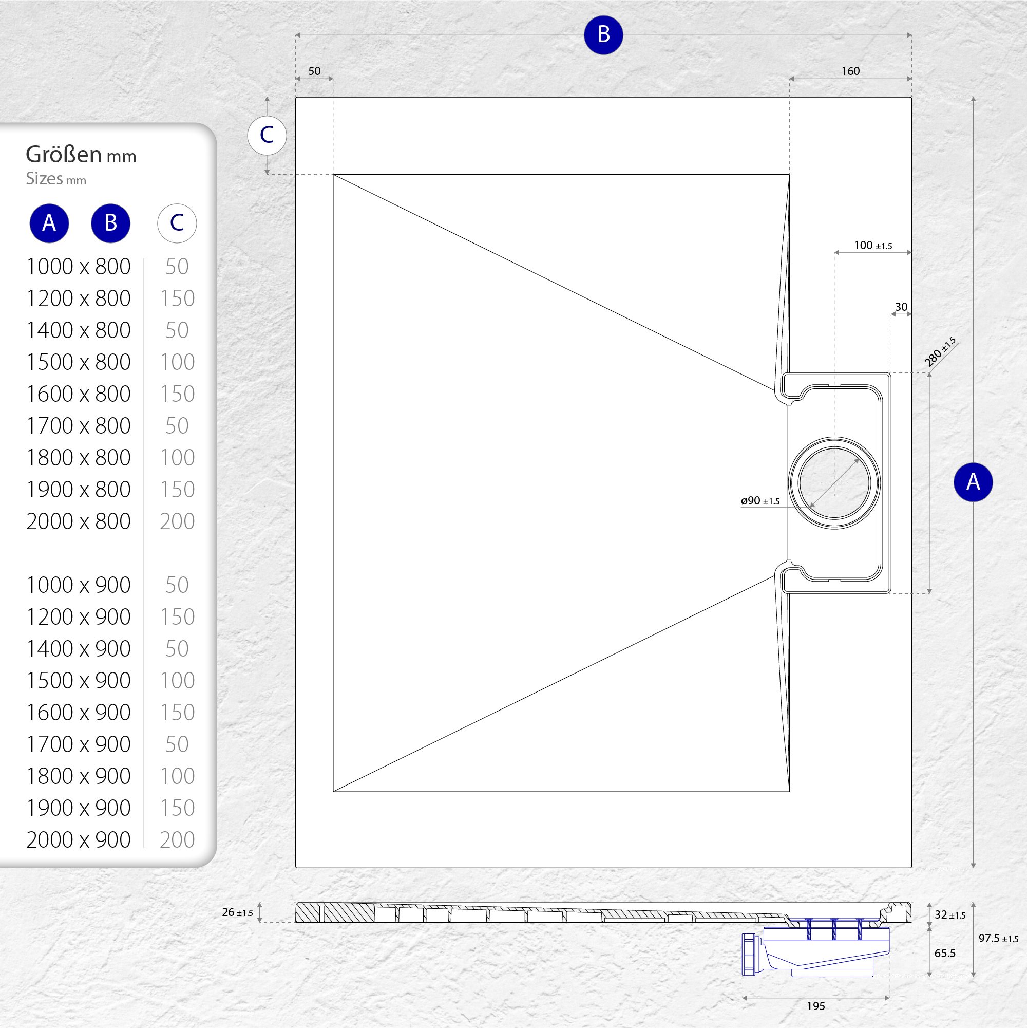 SMC Shower Tray Polar in Stone Look with Drain Assembly - White