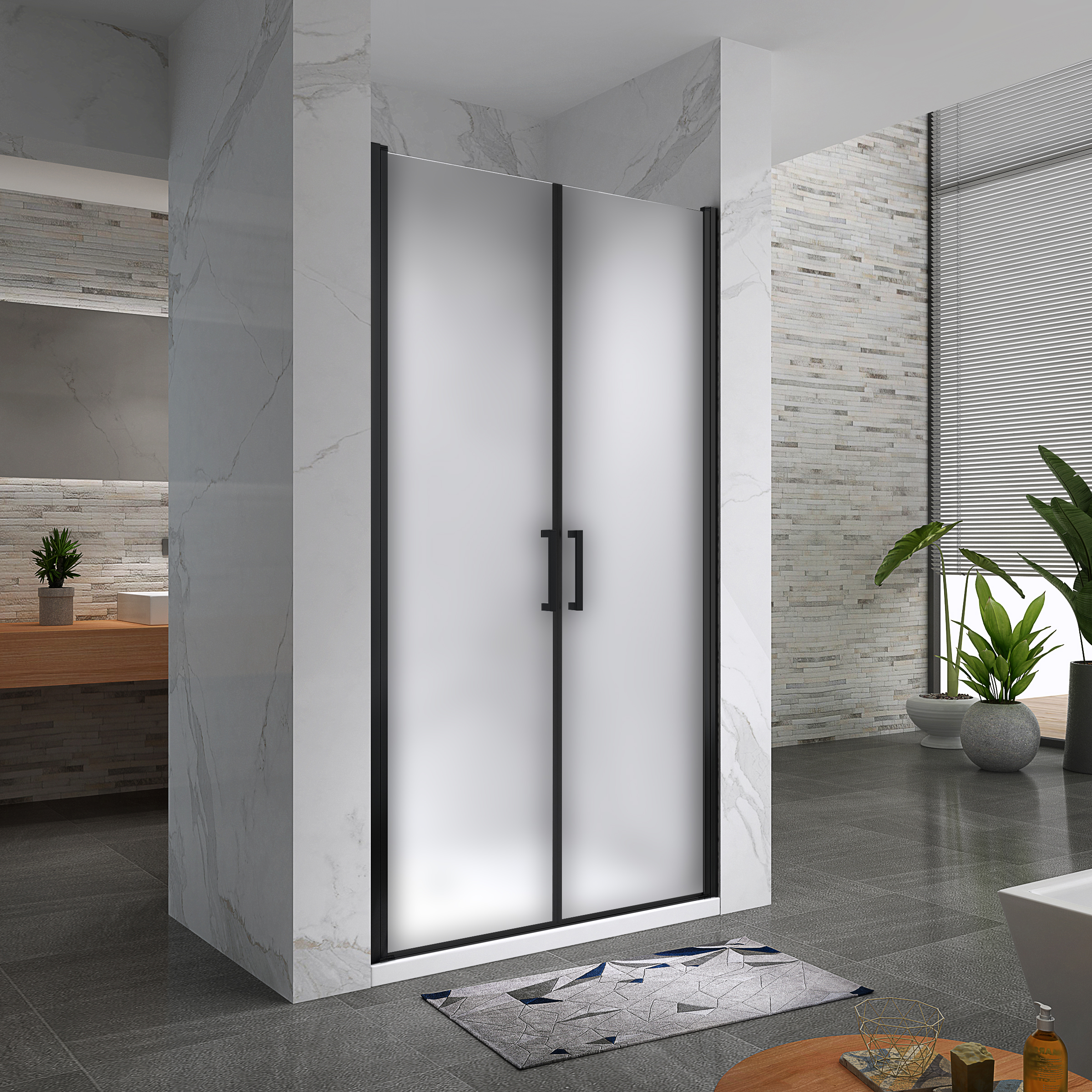 Duschtür Lara BLACK mit Pendeltüren und Edelstahlgriffe 68-140 cm aus satiniertem ESG Sicherheitsglas Lara – Shower Door BLACK with Hinged Doors and Stainless Steel Handles, 68-104 cm, made of Satin-Finished ESG Safety Glass