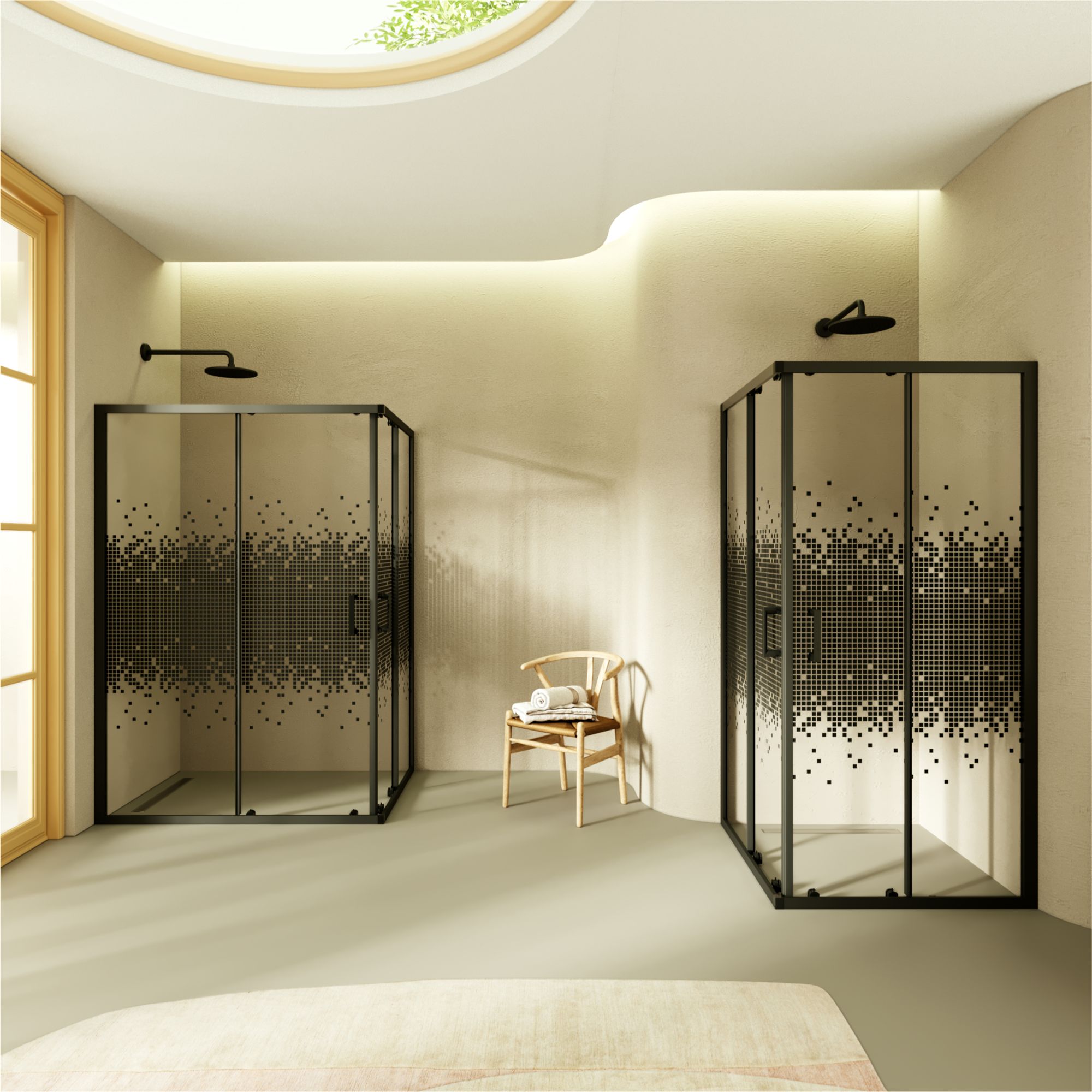 Eckeinstieg Danielle mit Schiebetüren aus schwarz kariertem ESG Sicherheitsglas