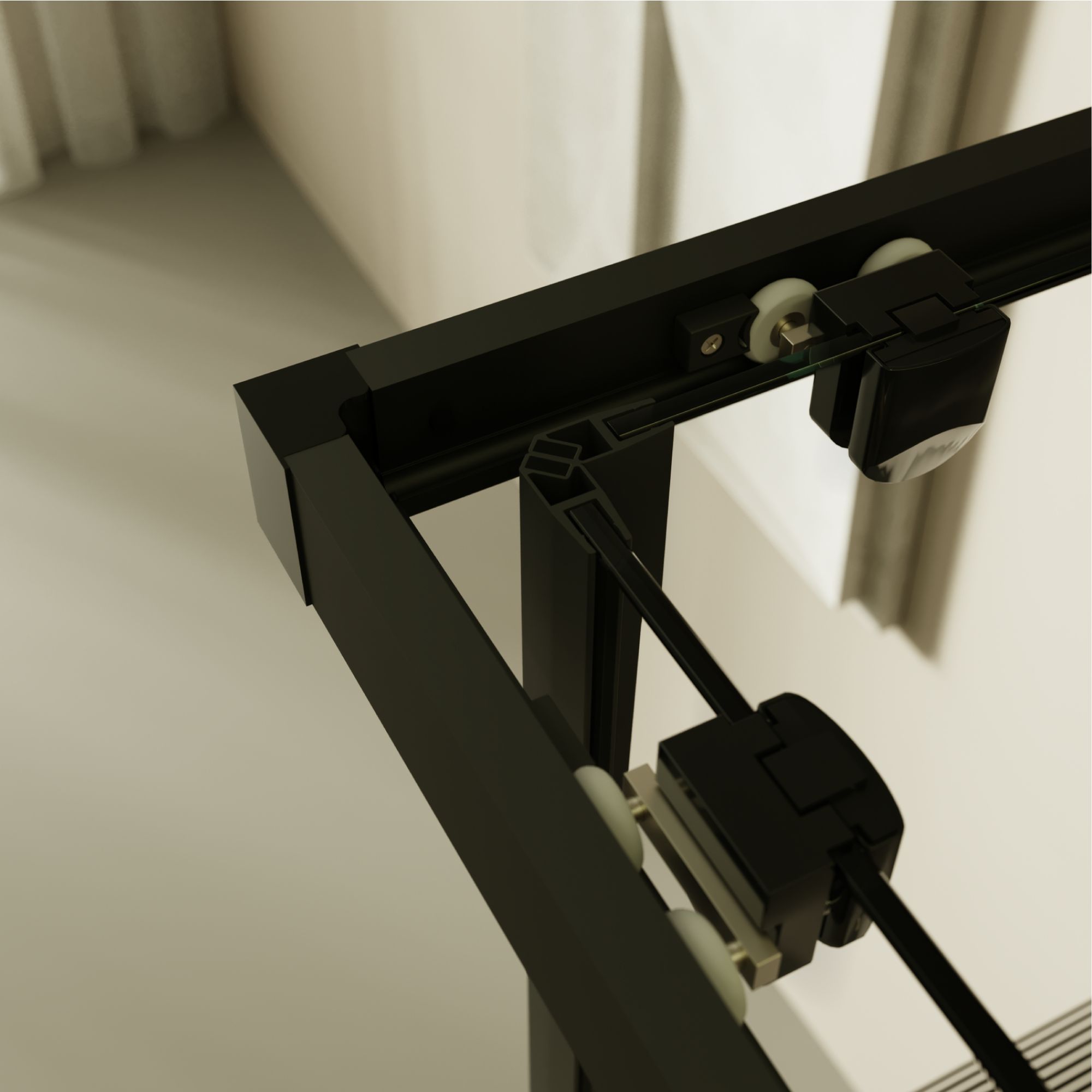 Eckeinstieg Danielle mit Schiebetüren aus schwarz gestreiftem ESG Sicherheitsglas Eckeinstieg Danielle mit Schiebetüren aus schwarz gestreiftem ESG Sicherheitsglas