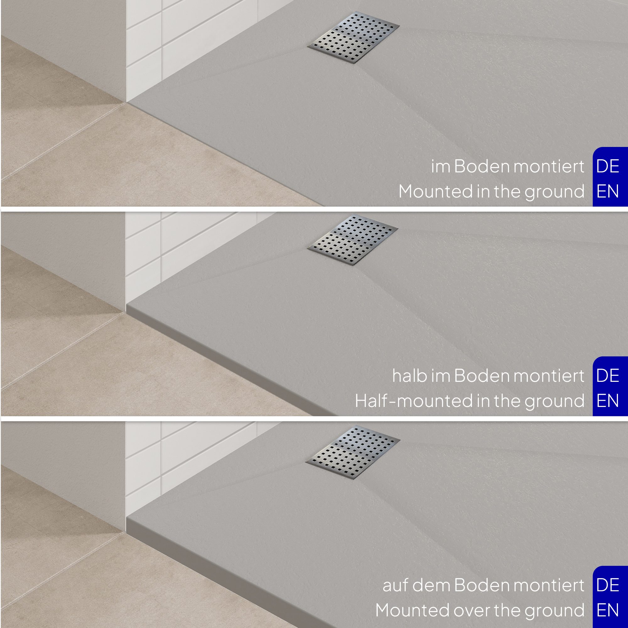 Boreal – SMC Duschwanne INOX in Stein-Optik inkl. Ablaufgarnitur und Edelstahldeckel - Grau