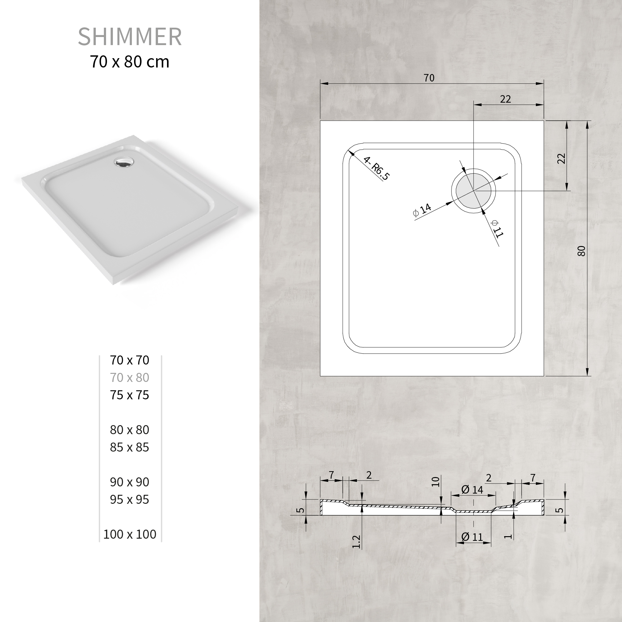 Tray – Shower Shimmer made of sanitary acrylic including waste fitting - White