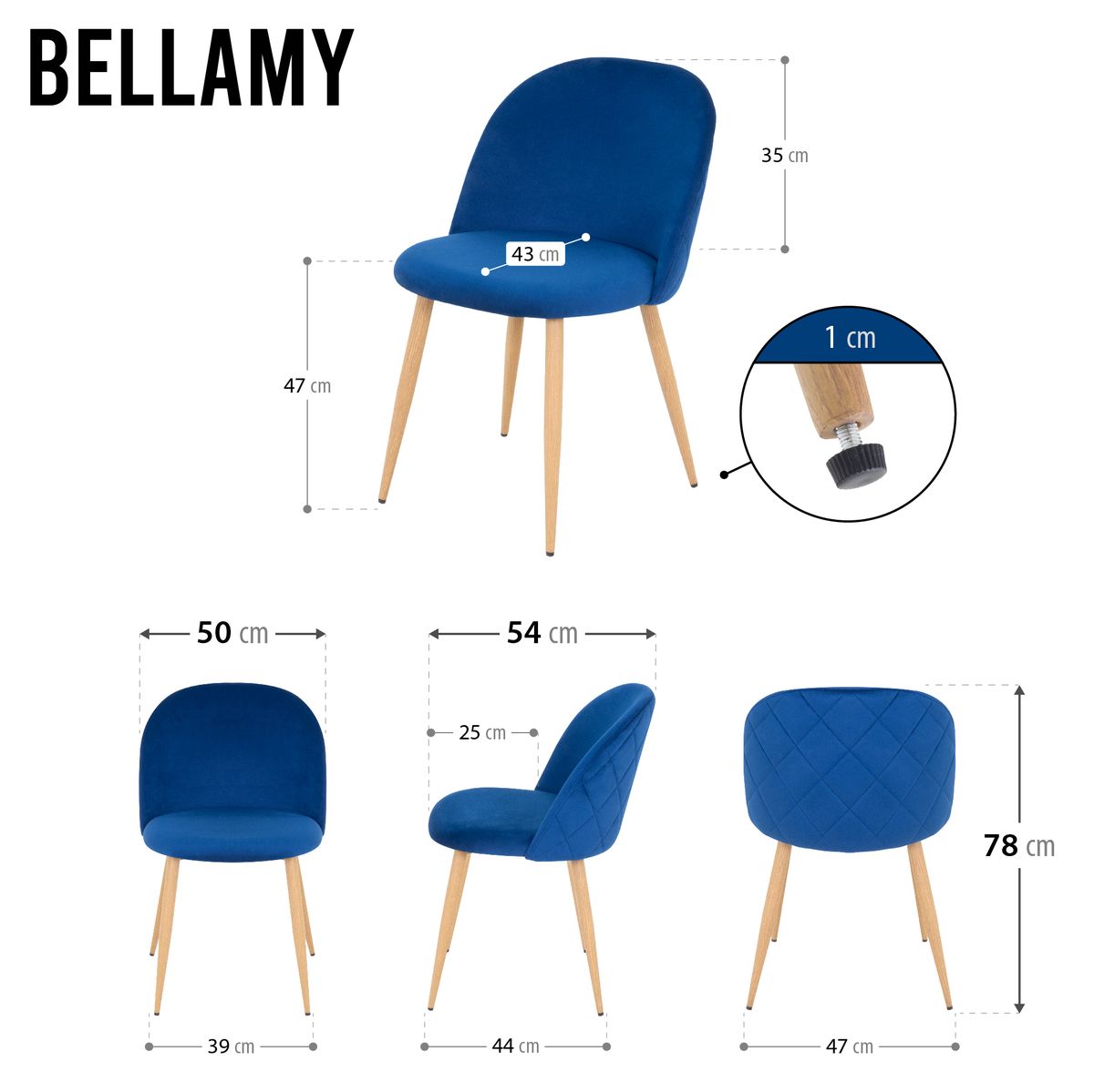 Esszimmerstuhl Wohnzimmerstuhl Bellamy Blau-Holz aus Samt Velour