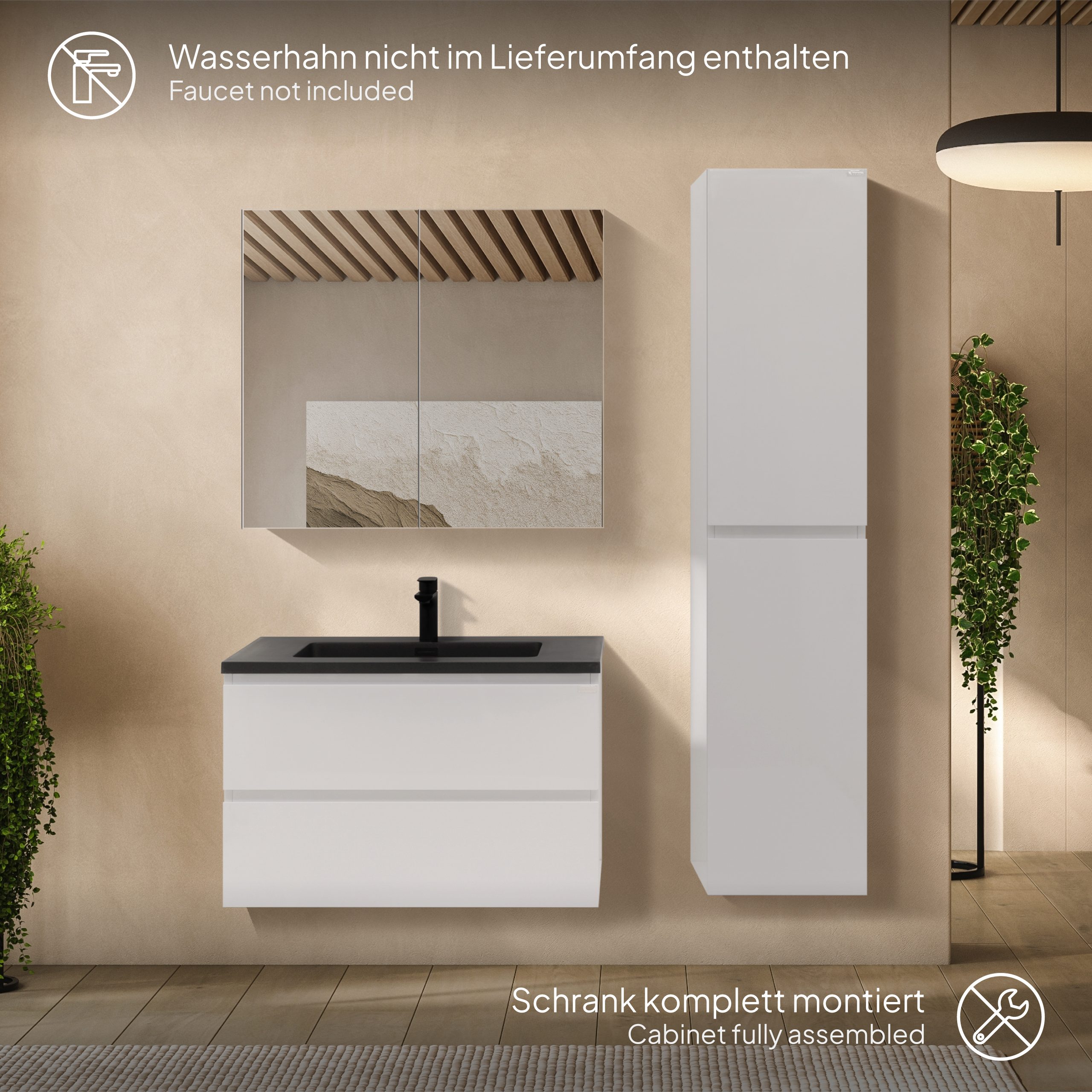 Badmöbel-Set Atena [60/80/100 cm] mit Mineralharz-Waschbecken in Hochglanz Weiß, Unterschrank mit Spiegel und hängendem Hochschrank in Weiß zur Aufbewahrung 80 cm