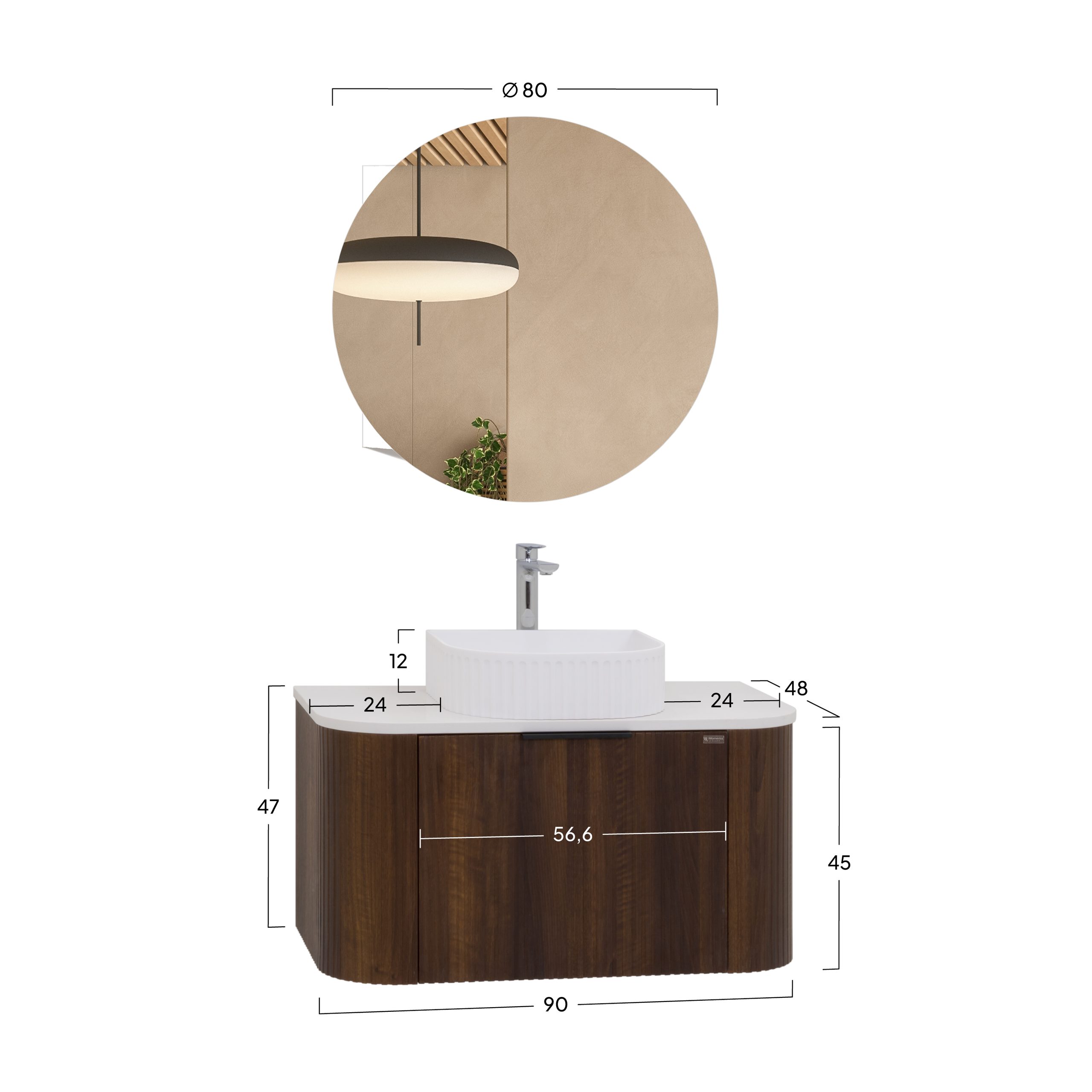 Badmöbel-Set Maia Nußbaum, wandhängend, mit Steinplatte und Waschtisch aus Mineralguss sowie LED-Spiegel mit Antibeschlagfunktion, gerillte Textur Badmöbel-Set Maia Nußbaum, wandhängend, mit Steinplatte und Waschtisch aus Mineralguss sowie LED-Spiegel mit Antibeschlagfunktion, gerillte Textur