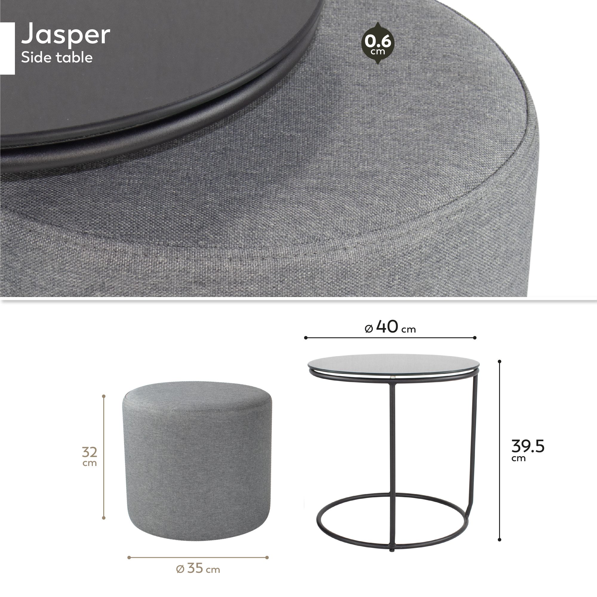 Side Table with Stool JASPER Round Coffee Table 40x40 cm Black-Grey N0