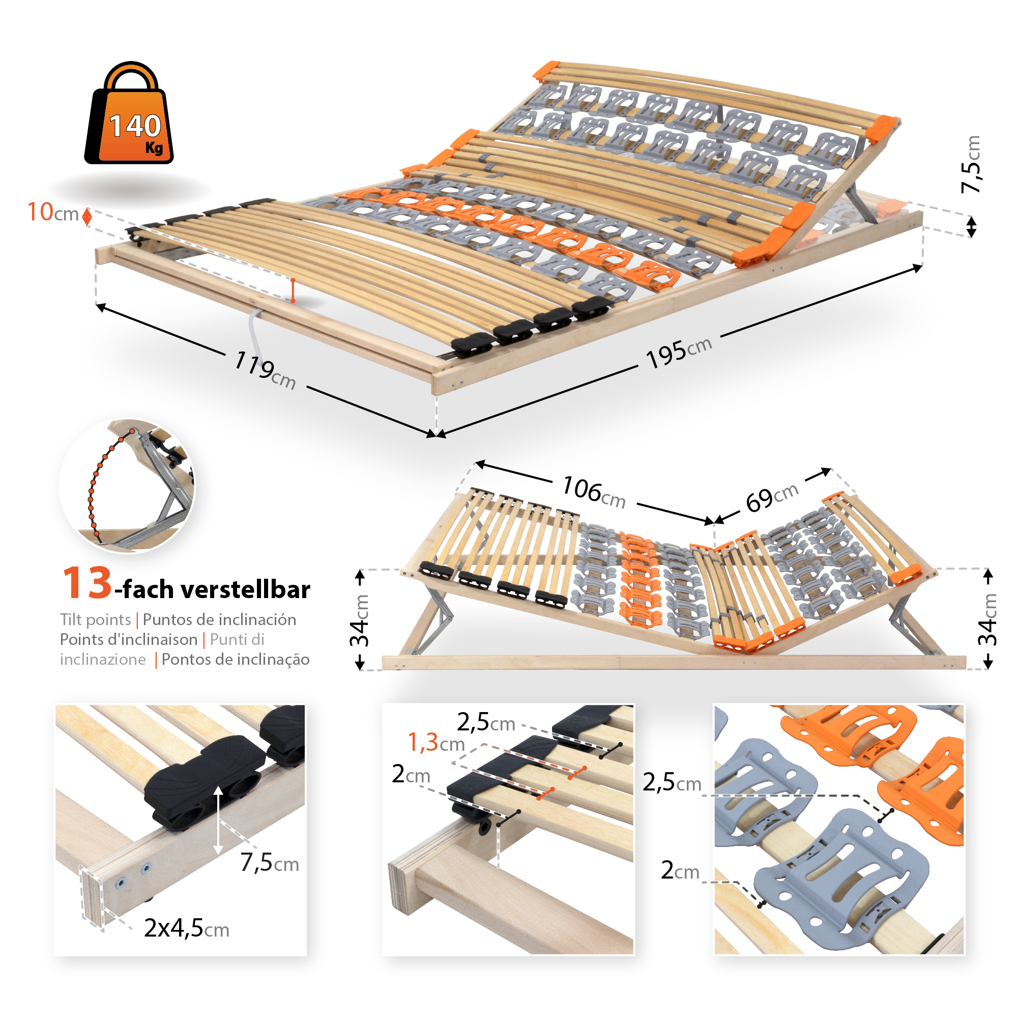 7-Zonen Tellerlattenrost TFlex30 mit Kopf- und Fußverstellung 120x200 cm