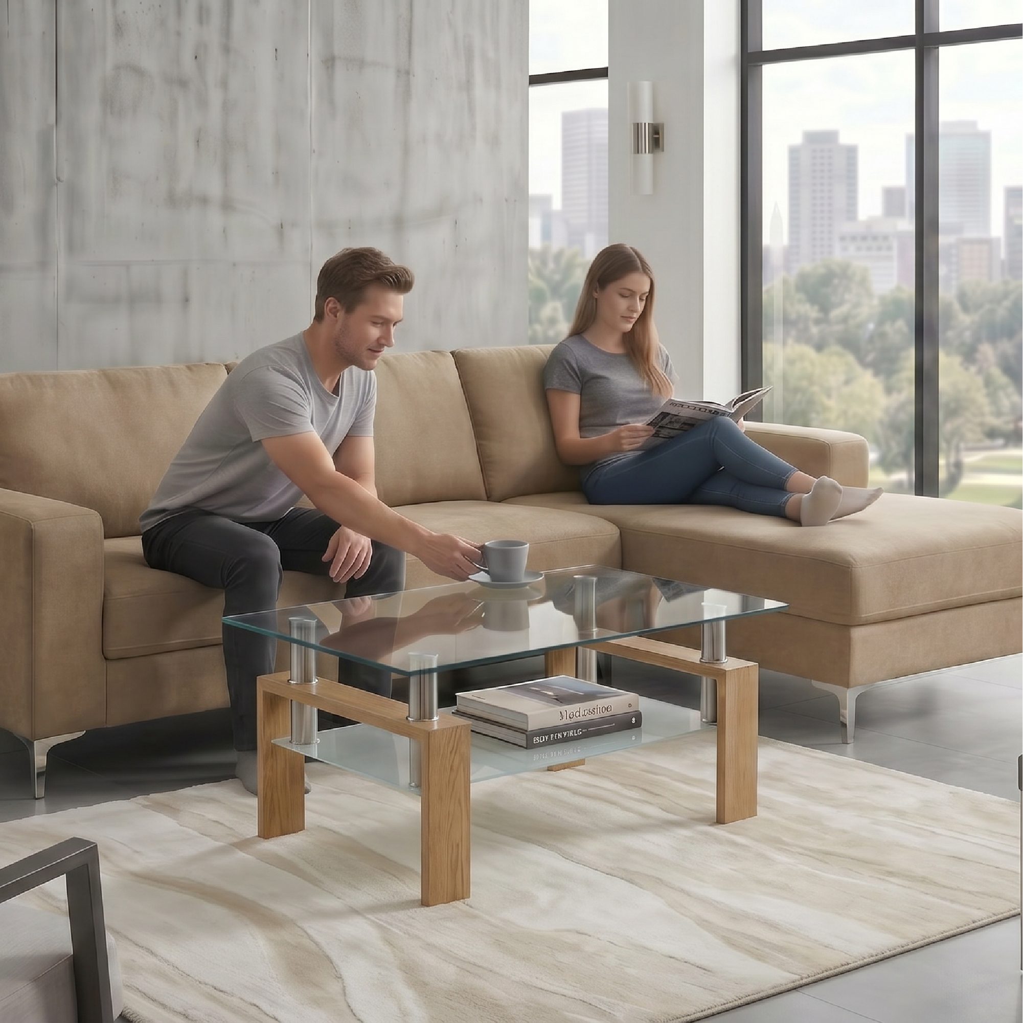 Coffee Table PORTER made of Glass/Metal with Oak-Colored Wood