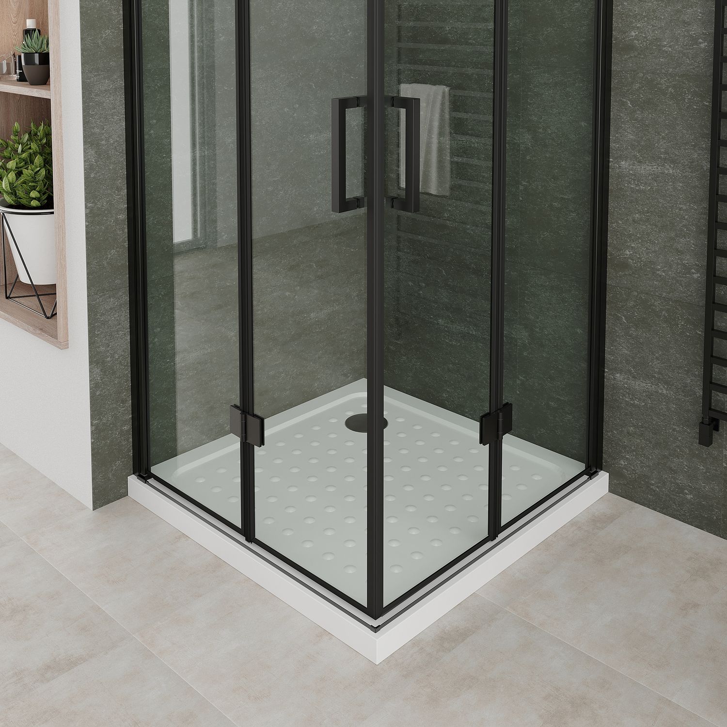 Eckeinstieg Belle mit Falttüren und schwarzen Profilen aus ESG Sicherheitsglas Eckeinstieg Belle mit Falttüren und schwarzen Profilen aus ESG Sicherheitsglas