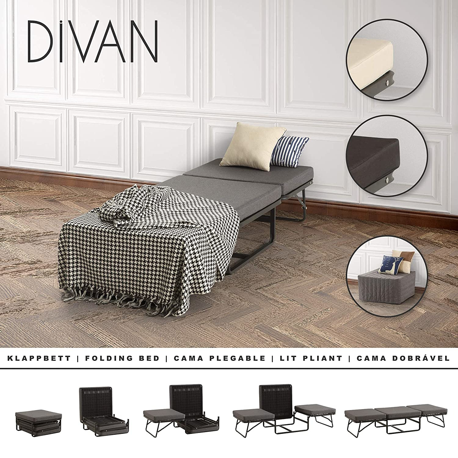 Divan – Gästebett , stabiles Klappbett in 3 Farben