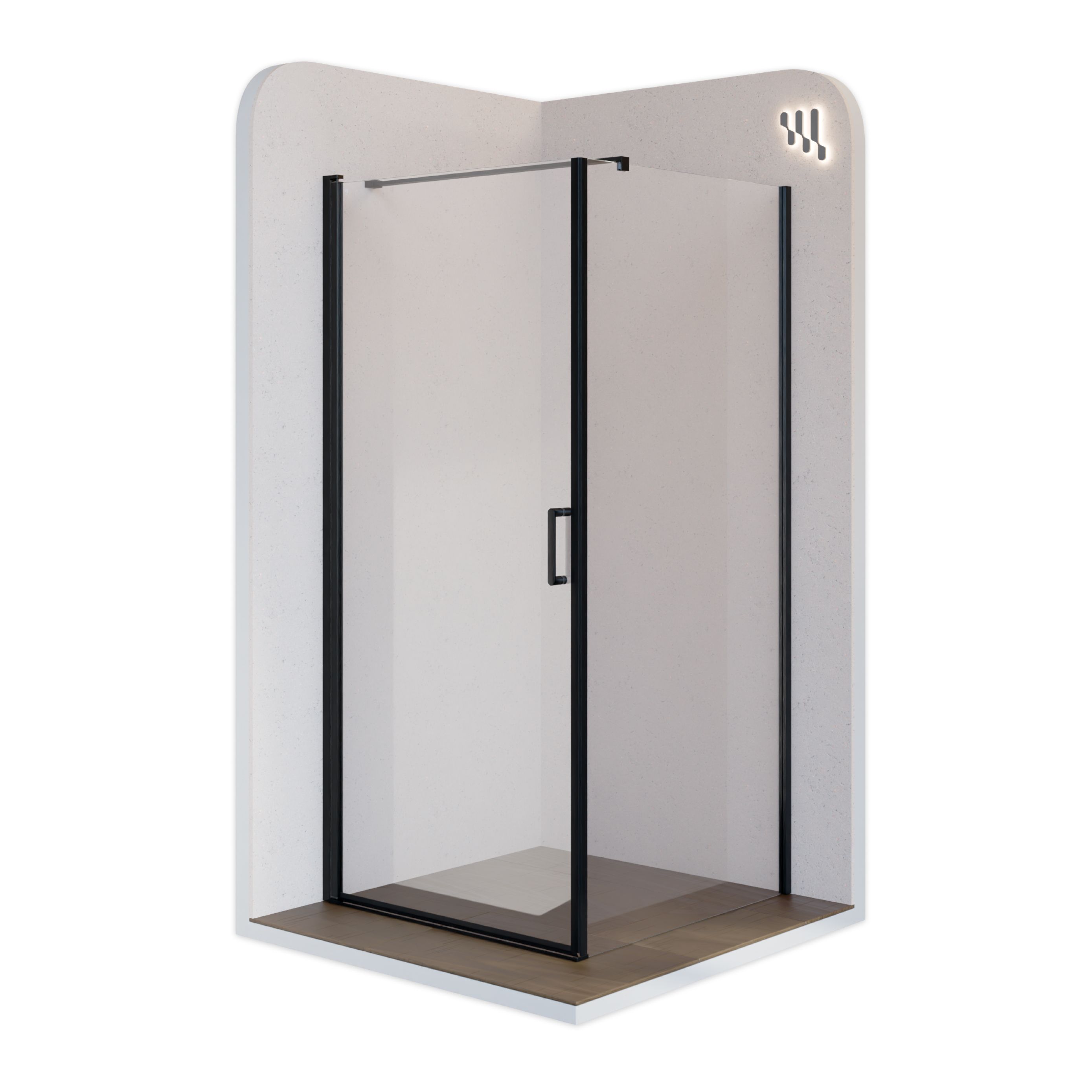 Front-entry Hellen with folding door and black profiles made of ESG safety glass. Hellen – Fronteinstieg mit Klapptür und schwarzen Profilen aus ESG Sicherheitsglas - Höhe: 190 cm