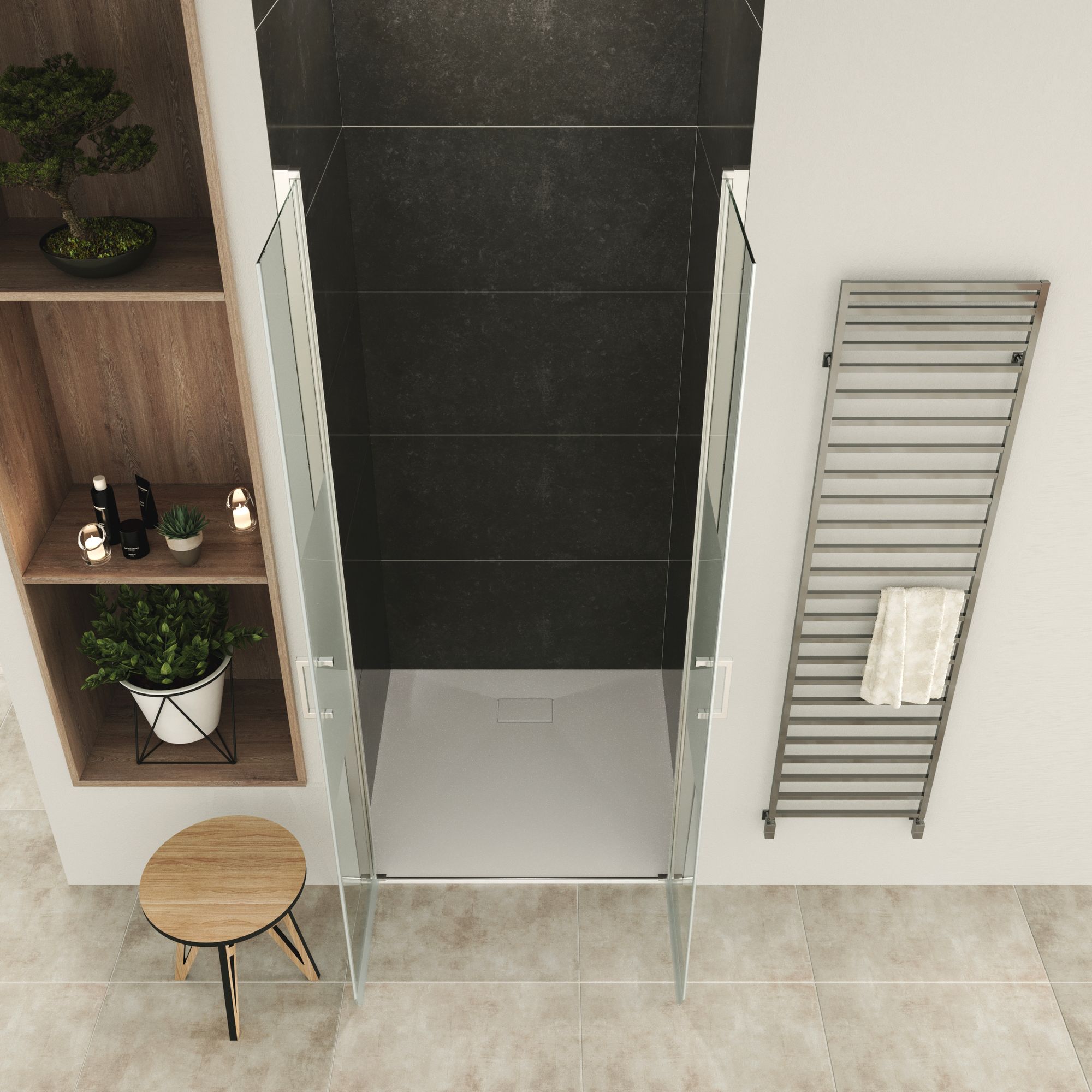 Shower Door Lara with Hinged Doors and Stainless Steel Handles, 68-104 cm, made of Partially Frosted ESG Safety Glass Shower Door Lara with Hinged Doors and Stainless Steel Handles, 68-104 cm, made of Partially Frosted ESG Safety Glass