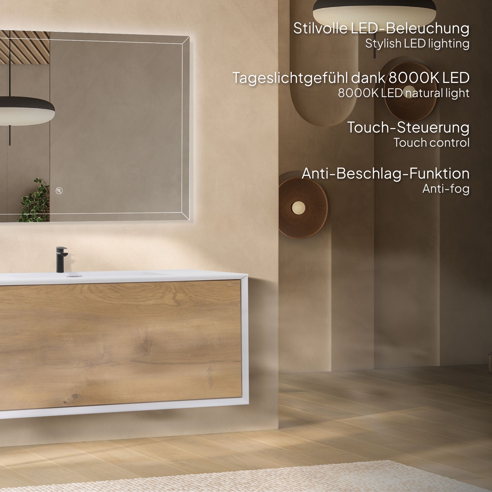 Badmöbelset Hebe 90 cm – Weiß Matt & Eiche, Mineralguss-Waschbecken & LED-Antibeschlag-Spiegel