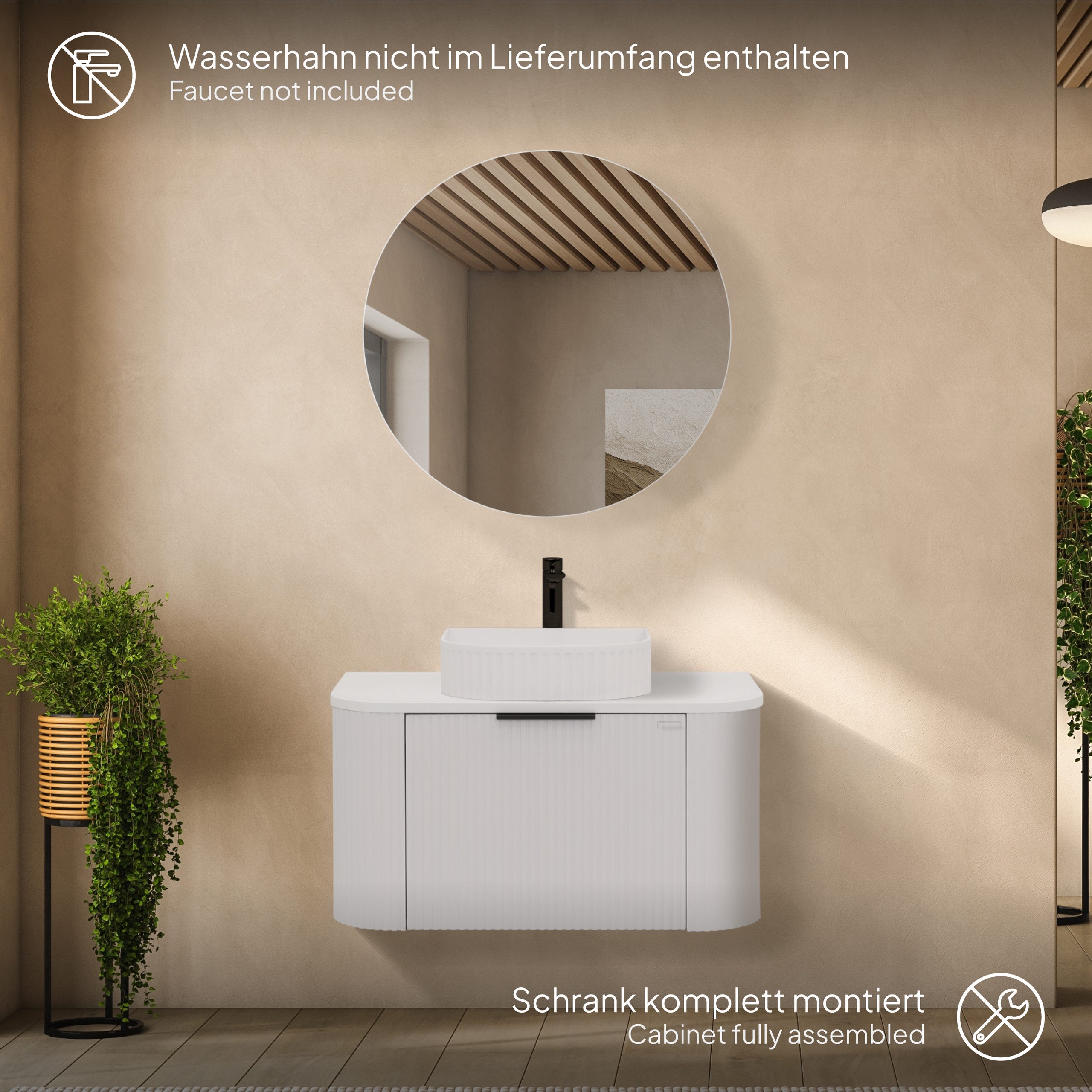 Badmöbel-Set Maia White, wandhängend, mit Steinplatte und Waschtisch aus Mineralguss sowie LED-Spiegel mit Antibeschlagfunktion, gerillte Textur