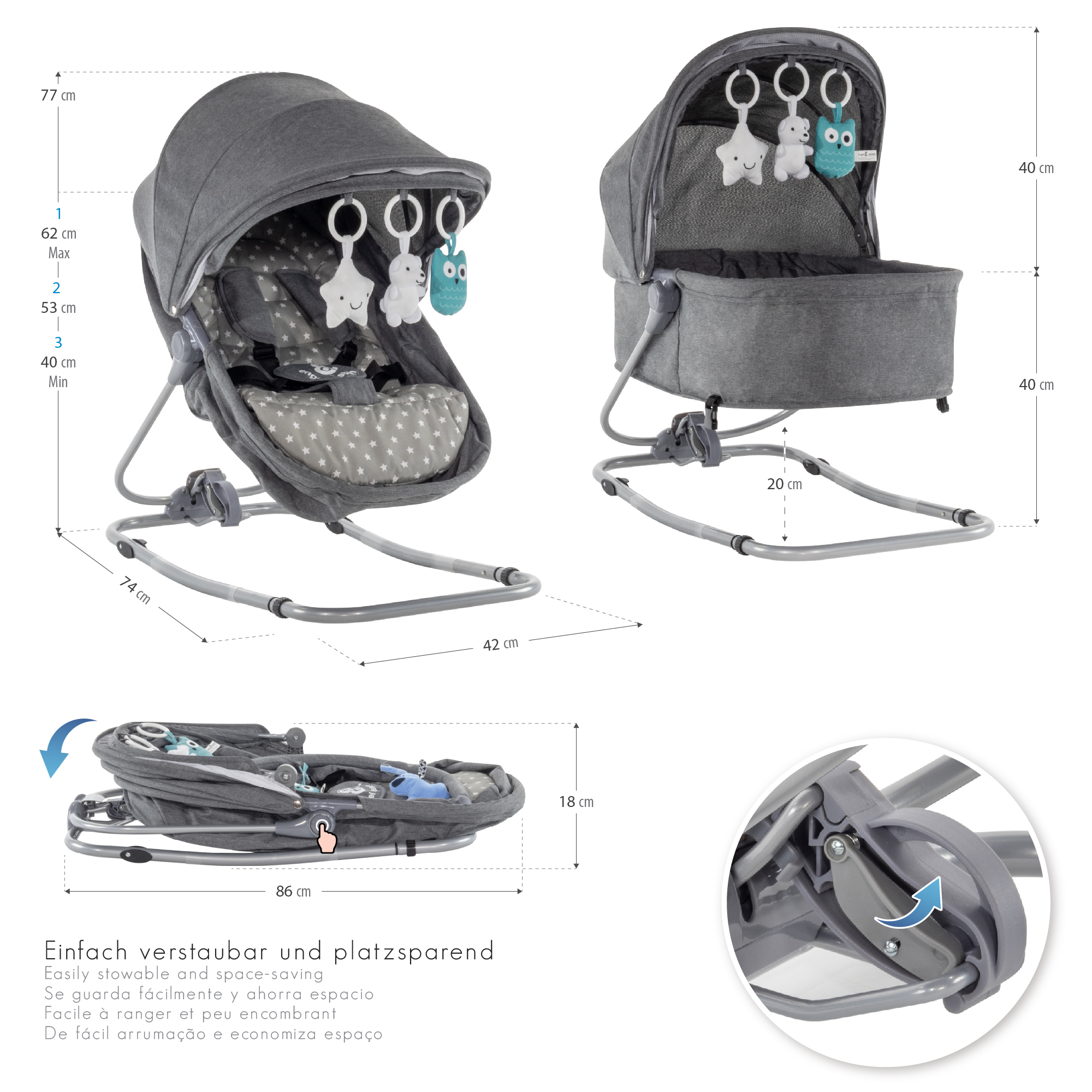 Babywippe PAVO mit Wiegenfunktion und Spielebogen Grau + Grau mit weißen Sterne