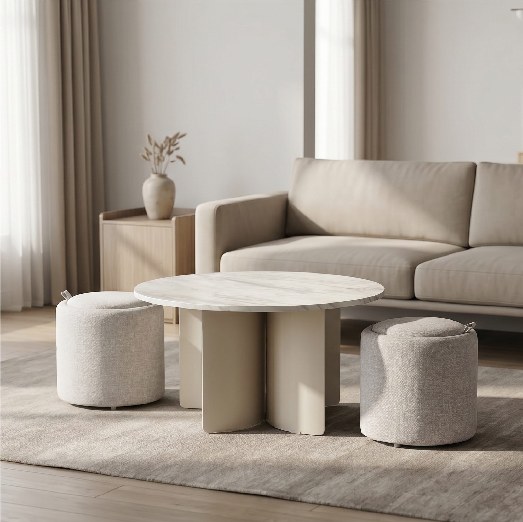 _PT01.jpg Couchtisch Meera in Marmoroptik mit 2 Hockern in Grau