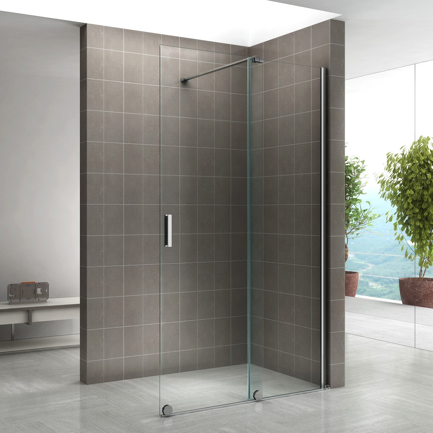 Walk In Duschwand NADINE mit Schiebetür in Chrom Duschabtrennung aus 8mm ESG NADINE – Walk-In Shower Wall with Sliding Door in Chrome – Shower Partition made of 8mm Tempered Safety Glass (ESG)