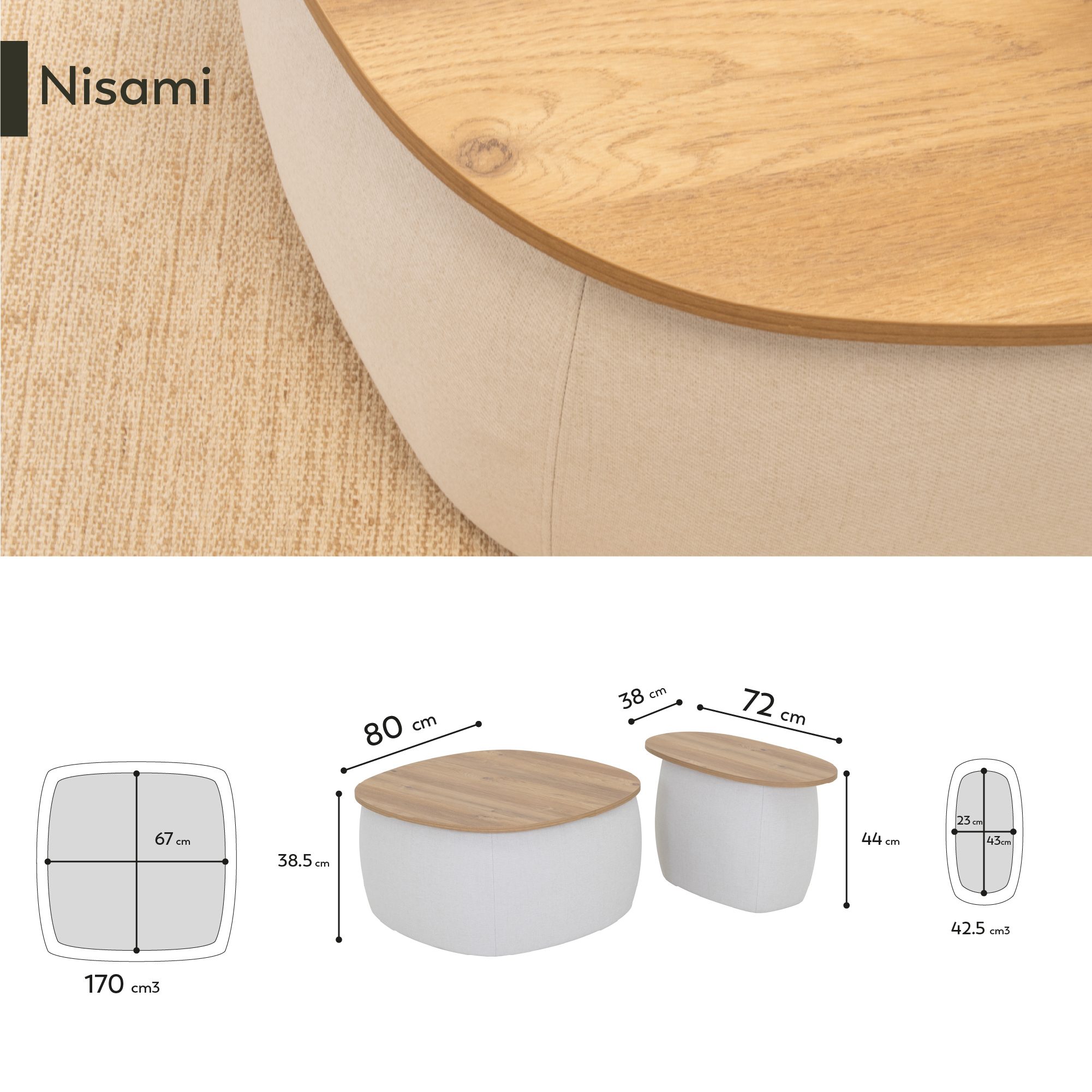 Nisami – 2er-Set Couchtische – flexibel kombinierbare Satztische mit schwarzem Stoffbezug und Holzdekor in Weiß