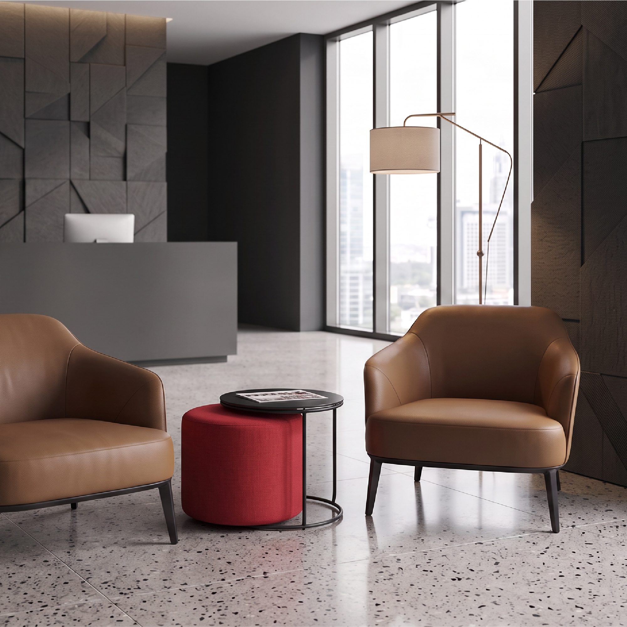 Side Table with Stool JASPER - Round Coffee Table 40x40 cm Black-Red N5