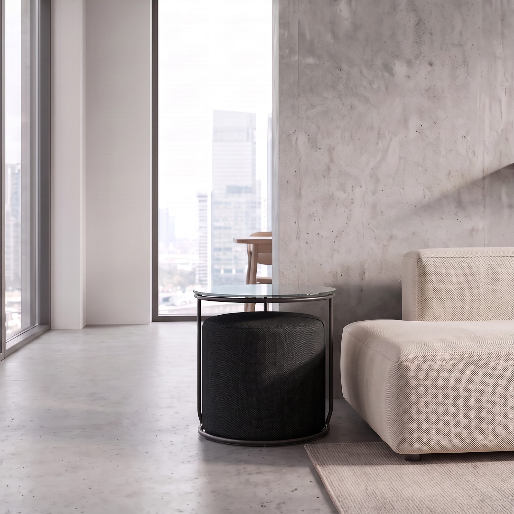 Side Table with Stool JASPER Round Coffee Table 40x40 cm Black-Black N2